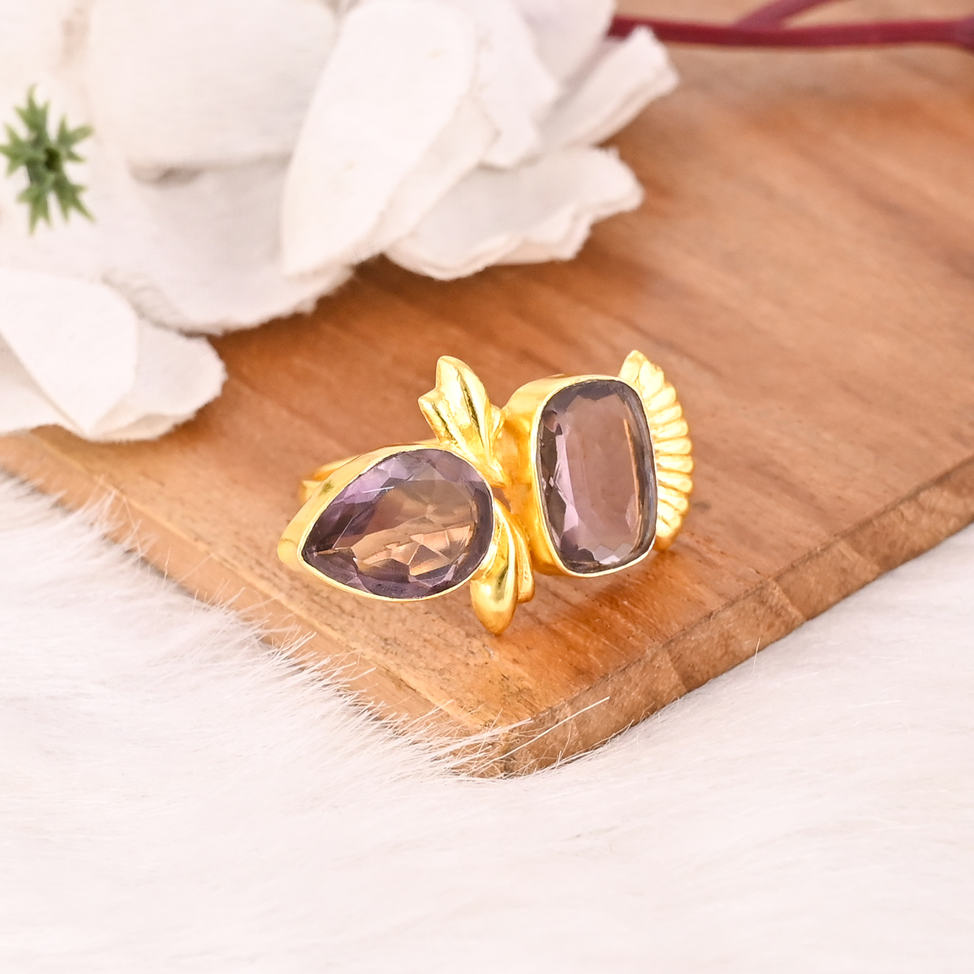 Stylish Purple Amethyst Hydro Two Stone Ring for Women Gold Plated Adjustable Fashion Jewelry
