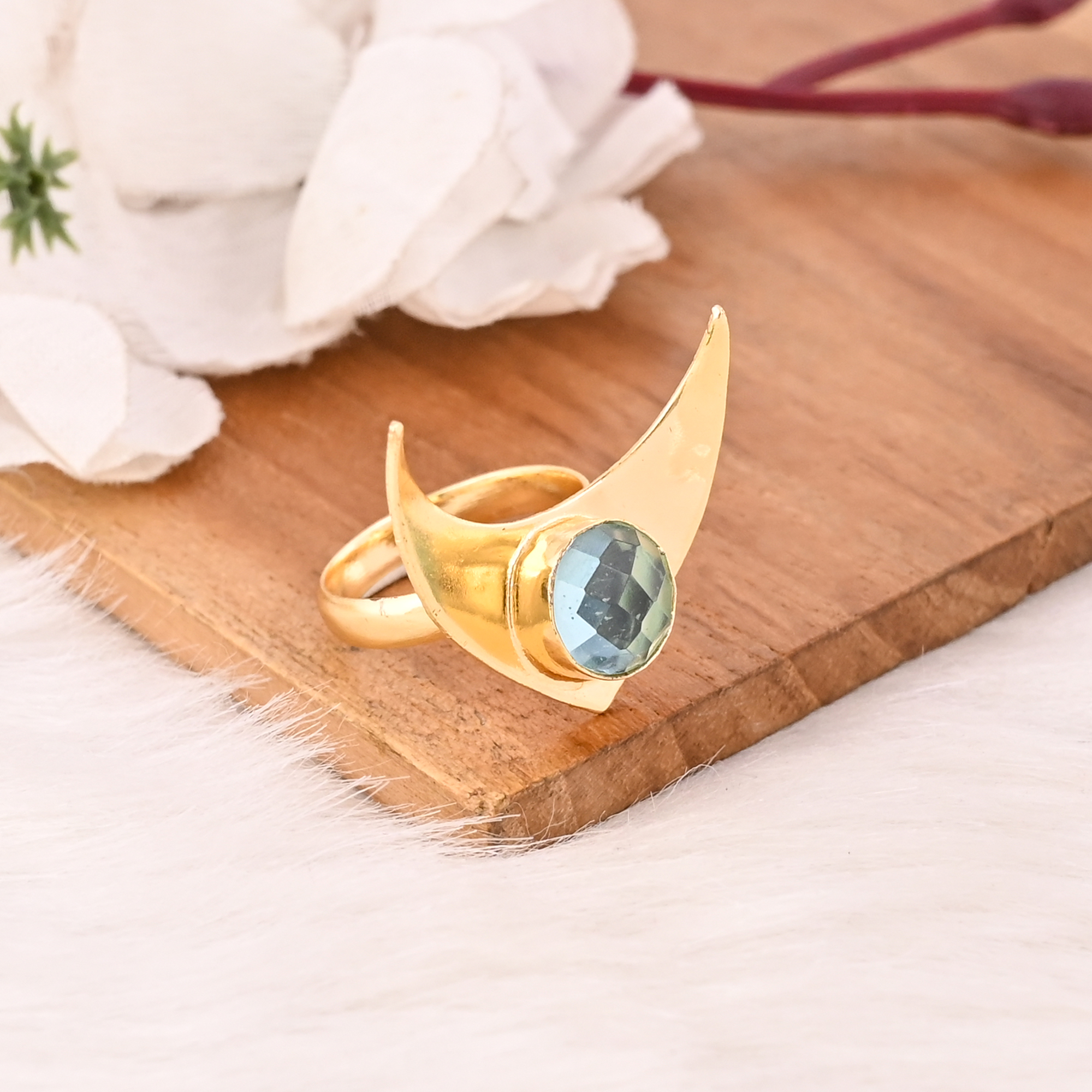 Sky Blue Topaz Hydro Brass Ring for Women Gold Plated Adjustable Fashion Jewelry