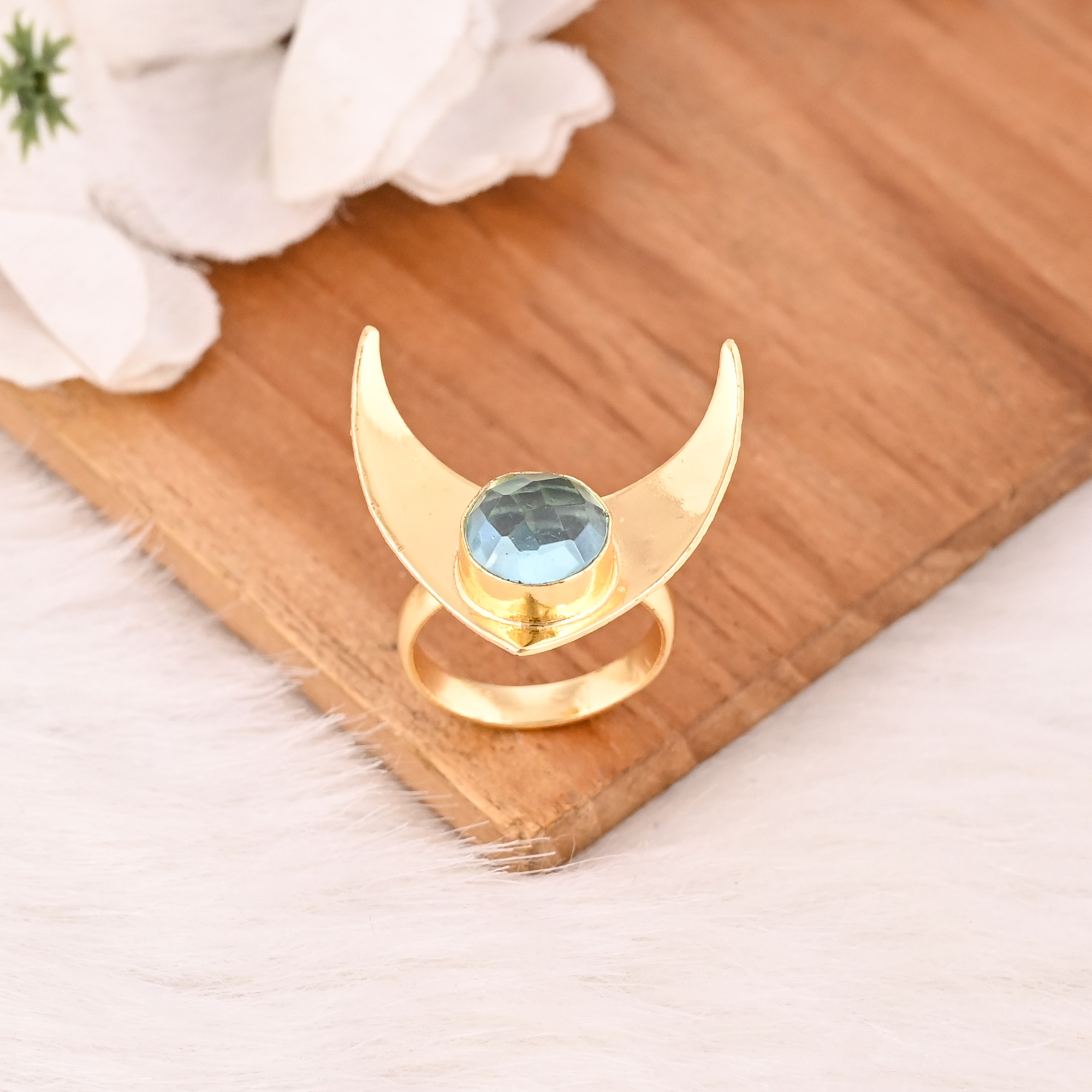 Sky Blue Topaz Hydro Brass Ring for Women Gold Plated Adjustable Fashion Jewelry