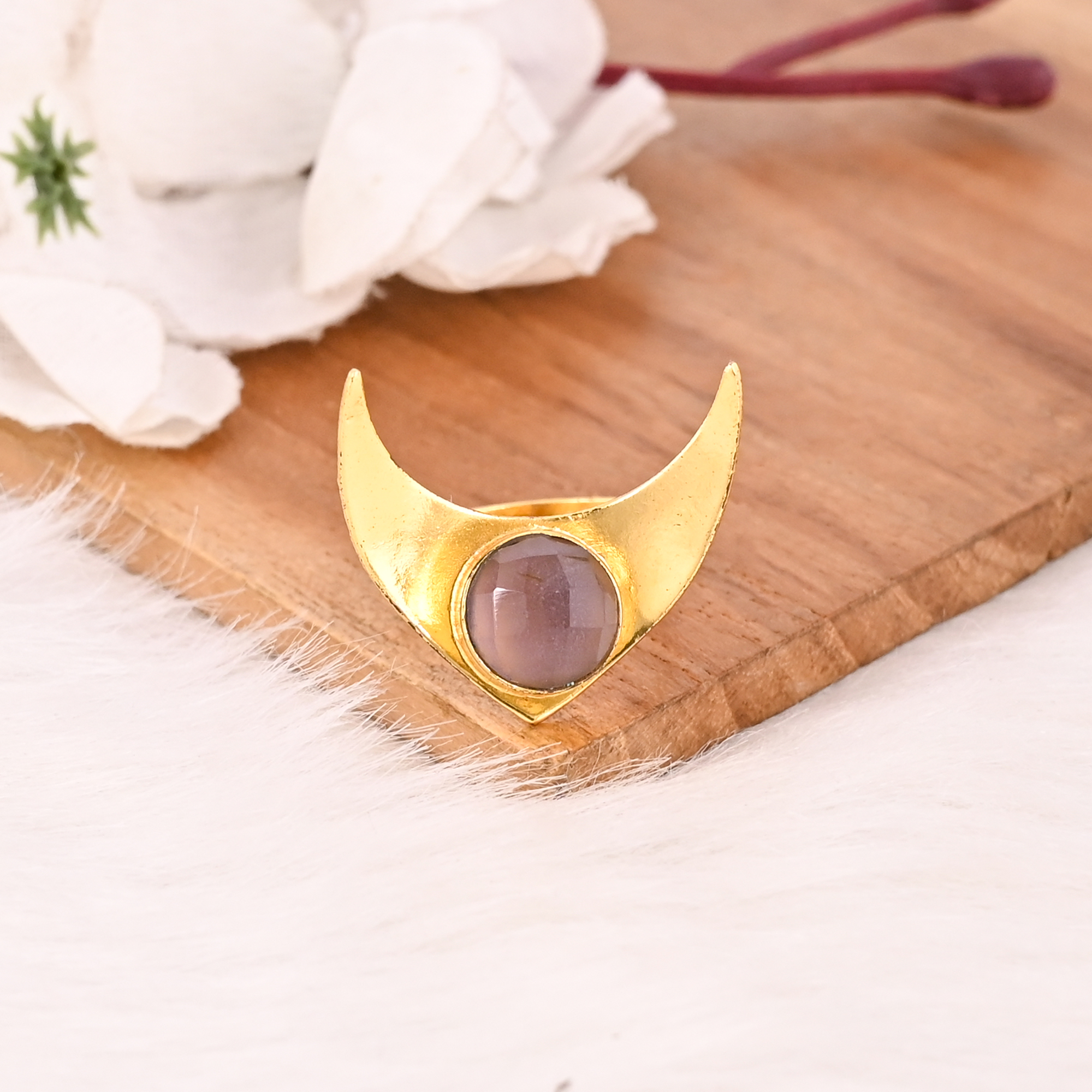 Rose Quartz Brass Ring for Women Gold Plated Adjustable Fashion Jewelry