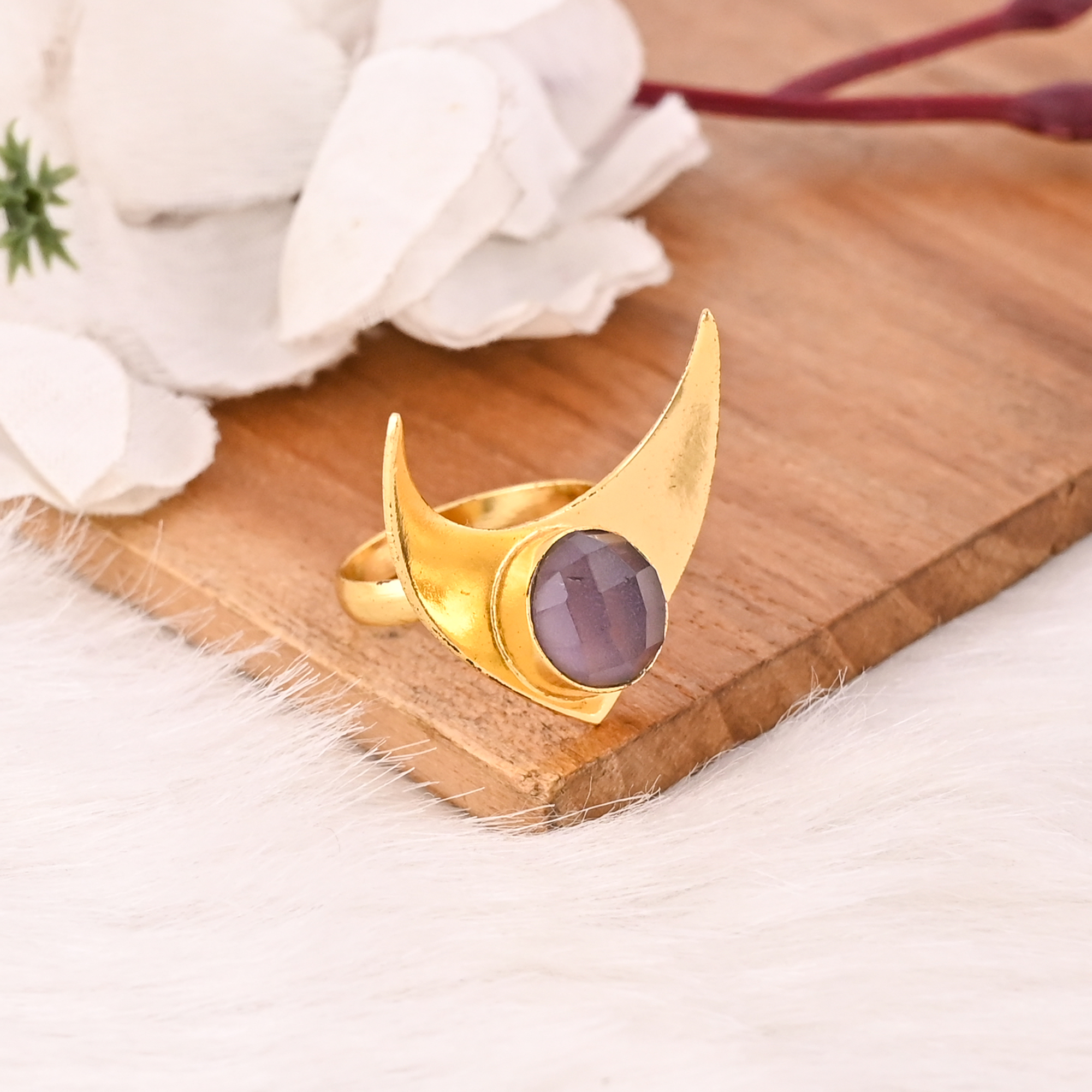 Rose Quartz Brass Ring for Women Gold Plated Adjustable Fashion Jewelry