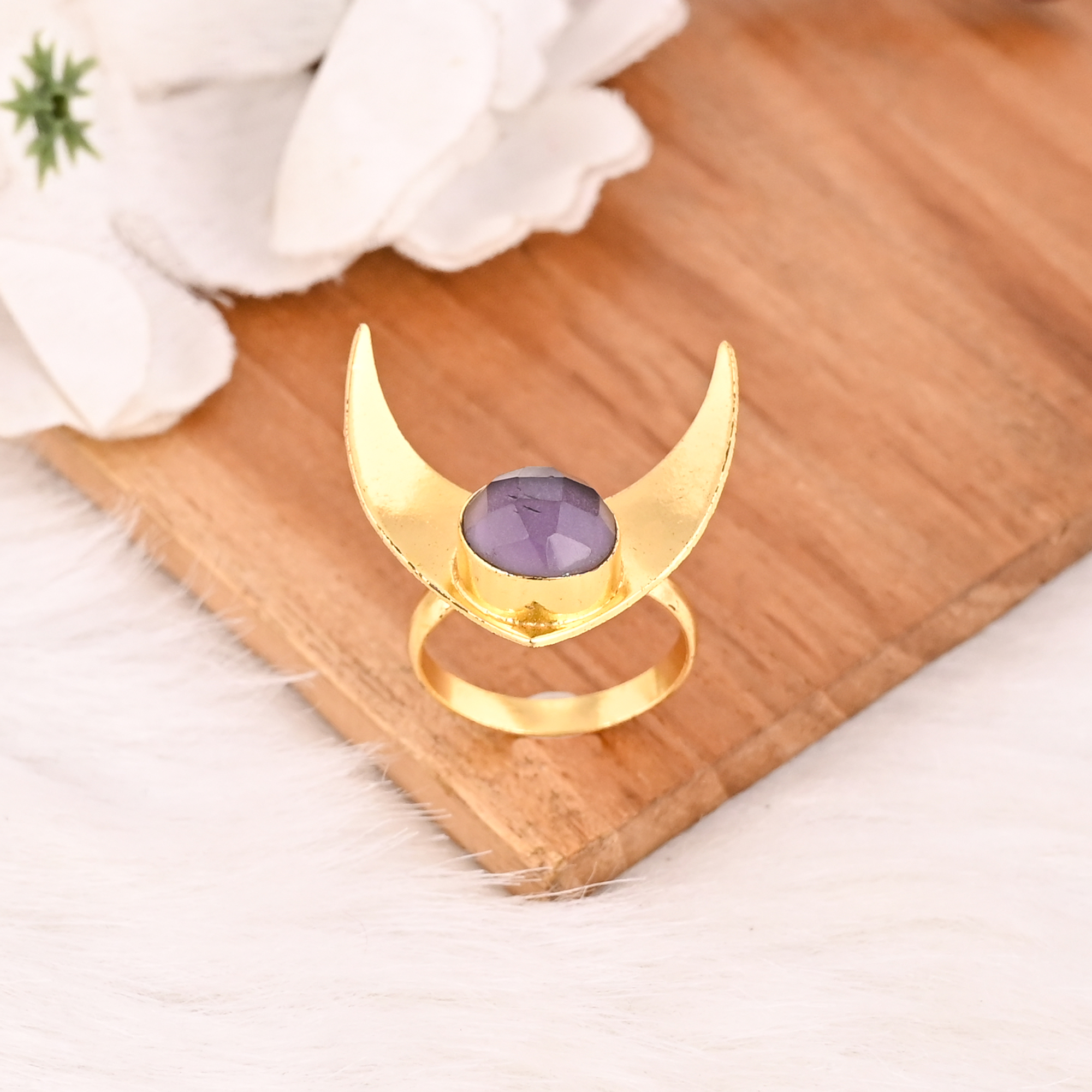 Rose Quartz Brass Ring for Women Gold Plated Adjustable Fashion Jewelry