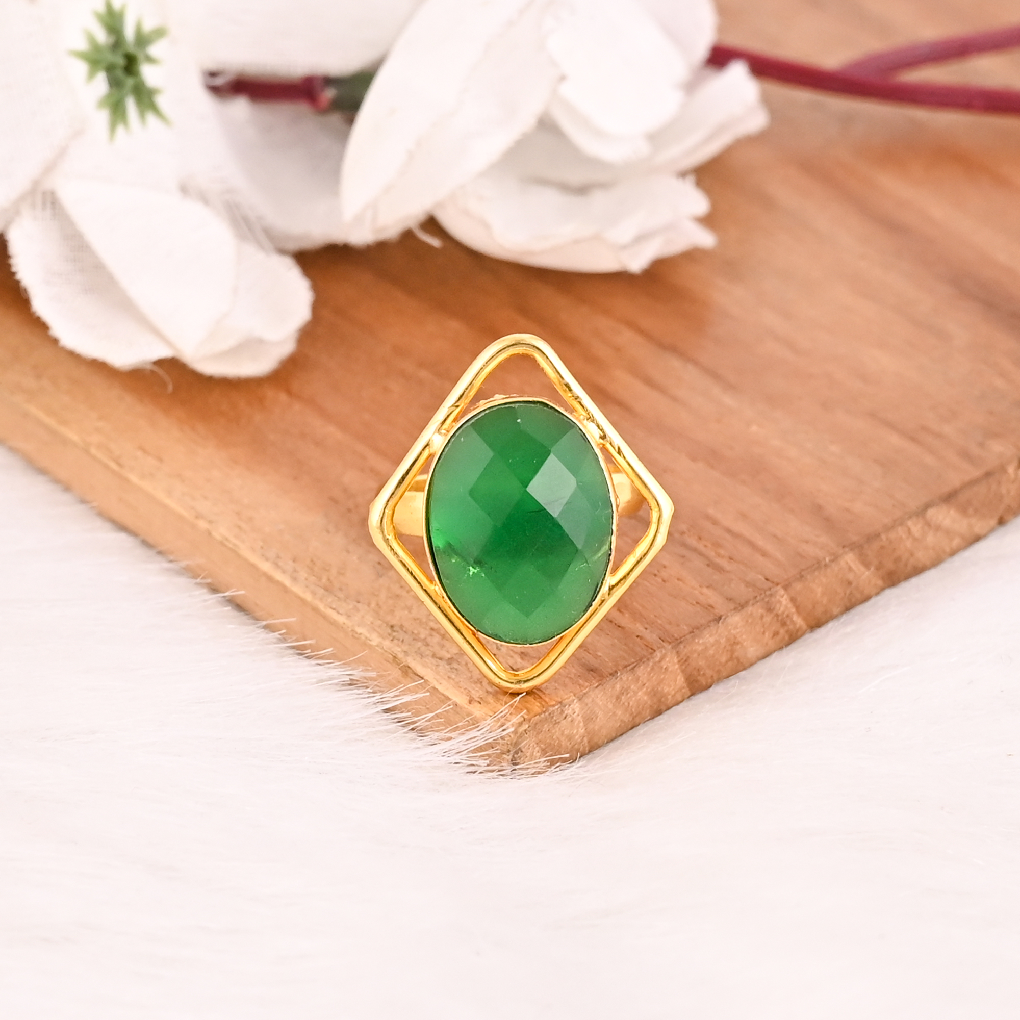Adjustable Green Hydro Brass Handmade Gemstone Ring for Women