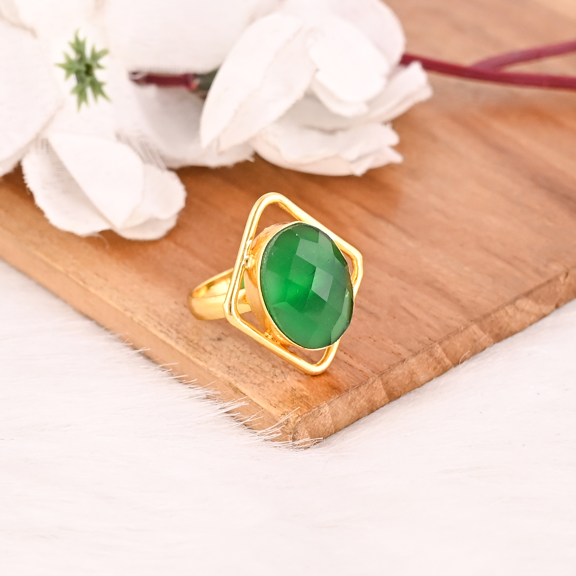 Adjustable Green Hydro Brass Handmade Gemstone Ring for Women