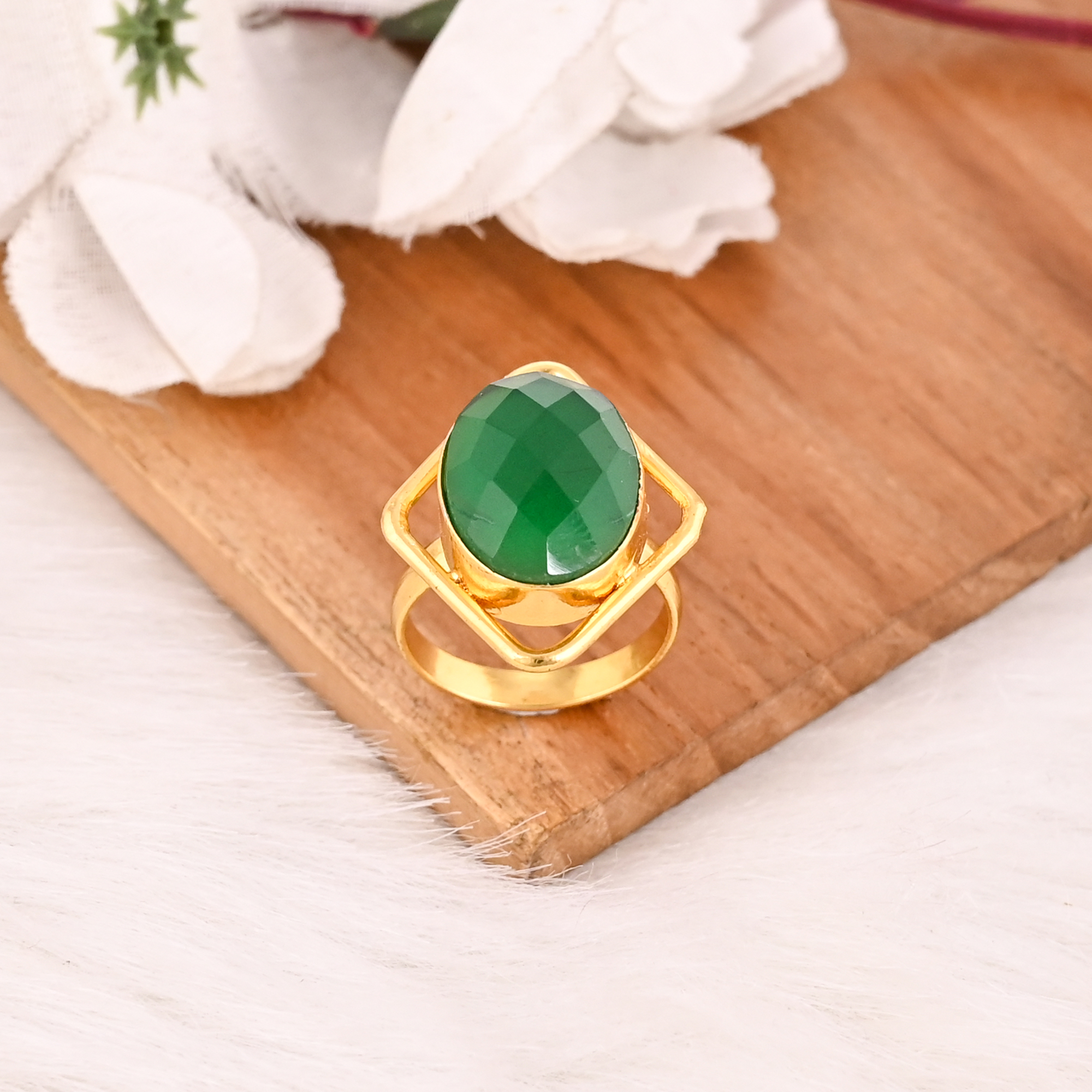 Adjustable Green Hydro Brass Handmade Gemstone Ring for Women
