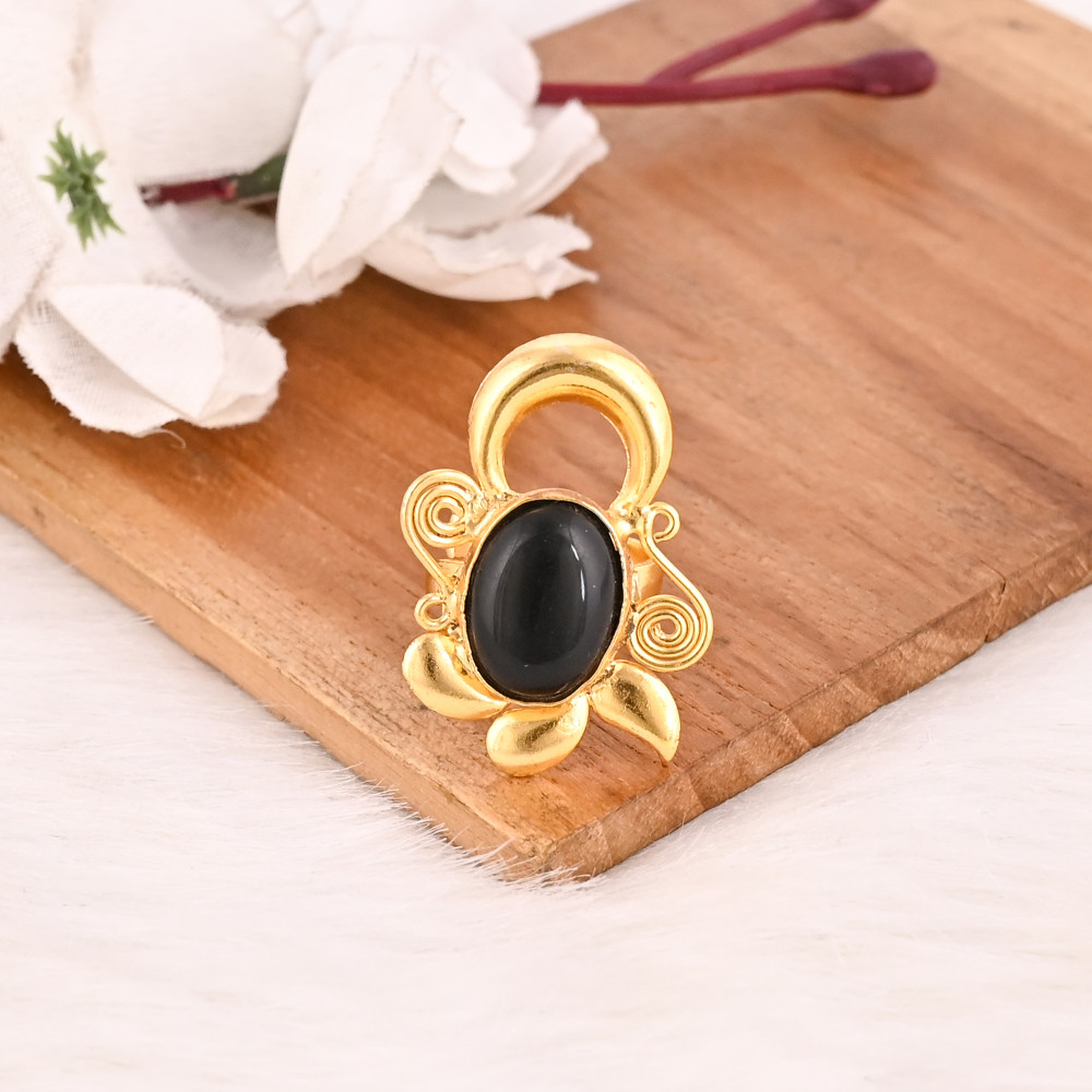 Image of Black Onyx Gemstone Ring Handmade Adjustable Fashion Brass Jewelry for Women