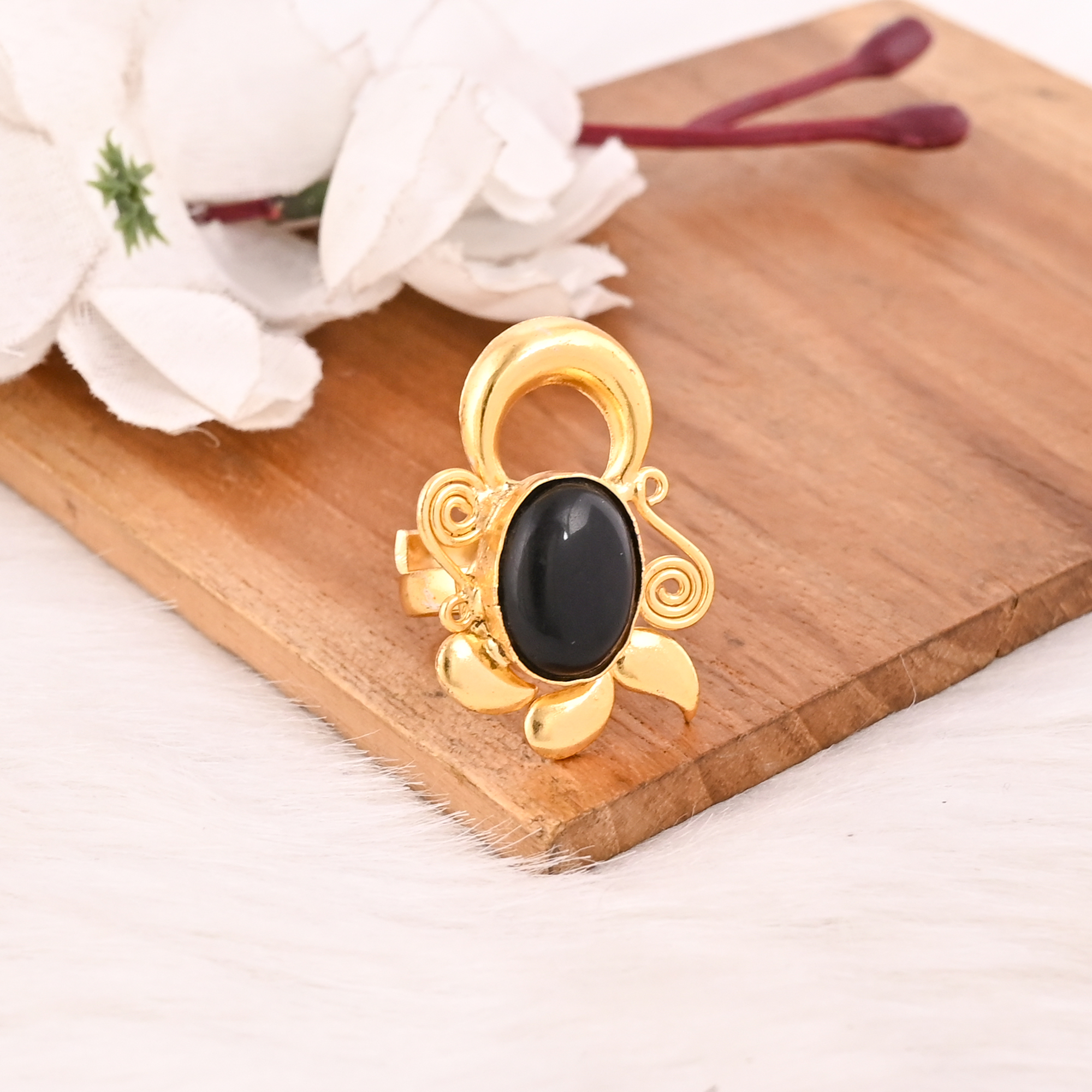 Black Onyx Gemstone Ring Handmade Adjustable Fashion Brass Jewelry for Women