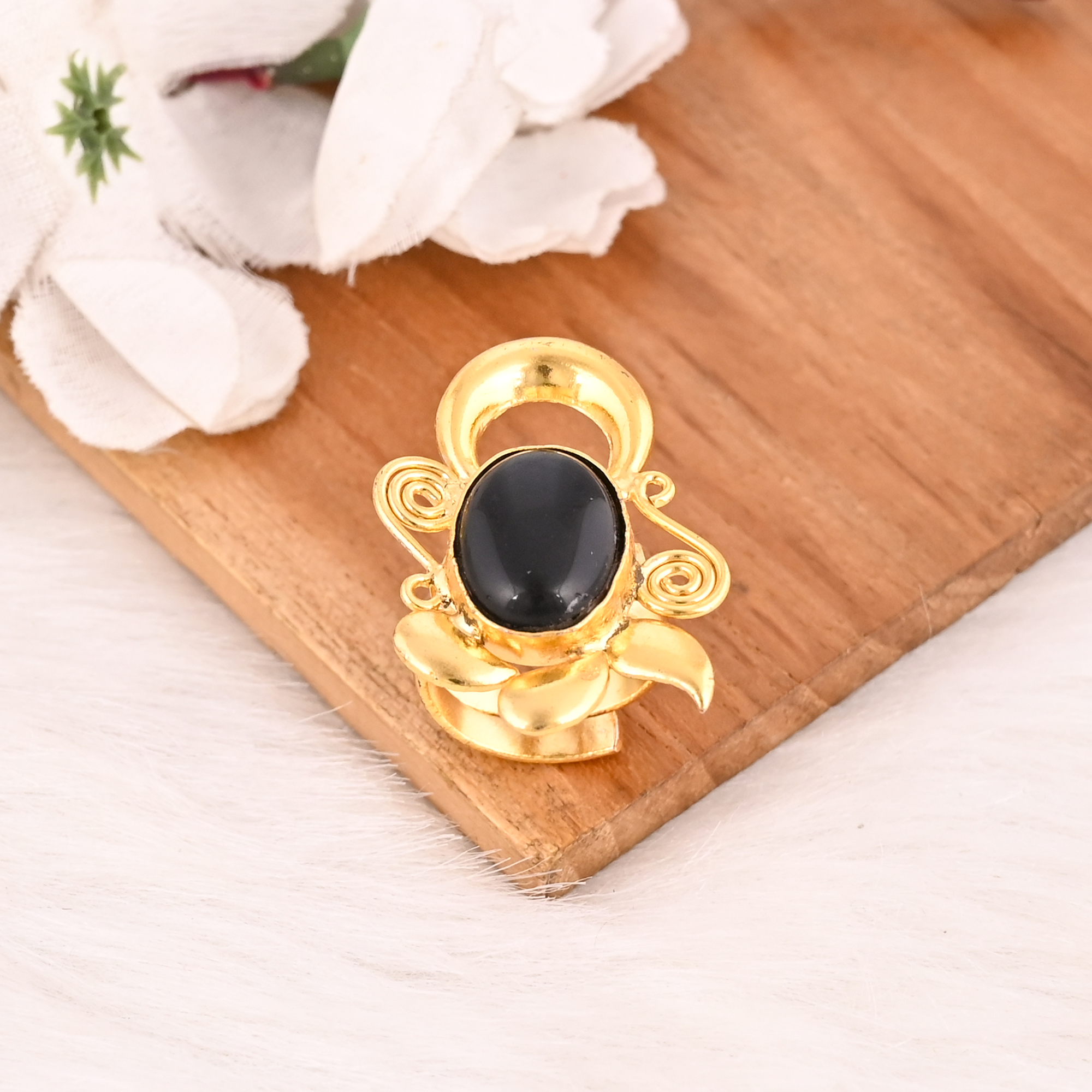 Black Onyx Gemstone Ring Handmade Adjustable Fashion Brass Jewelry for Women