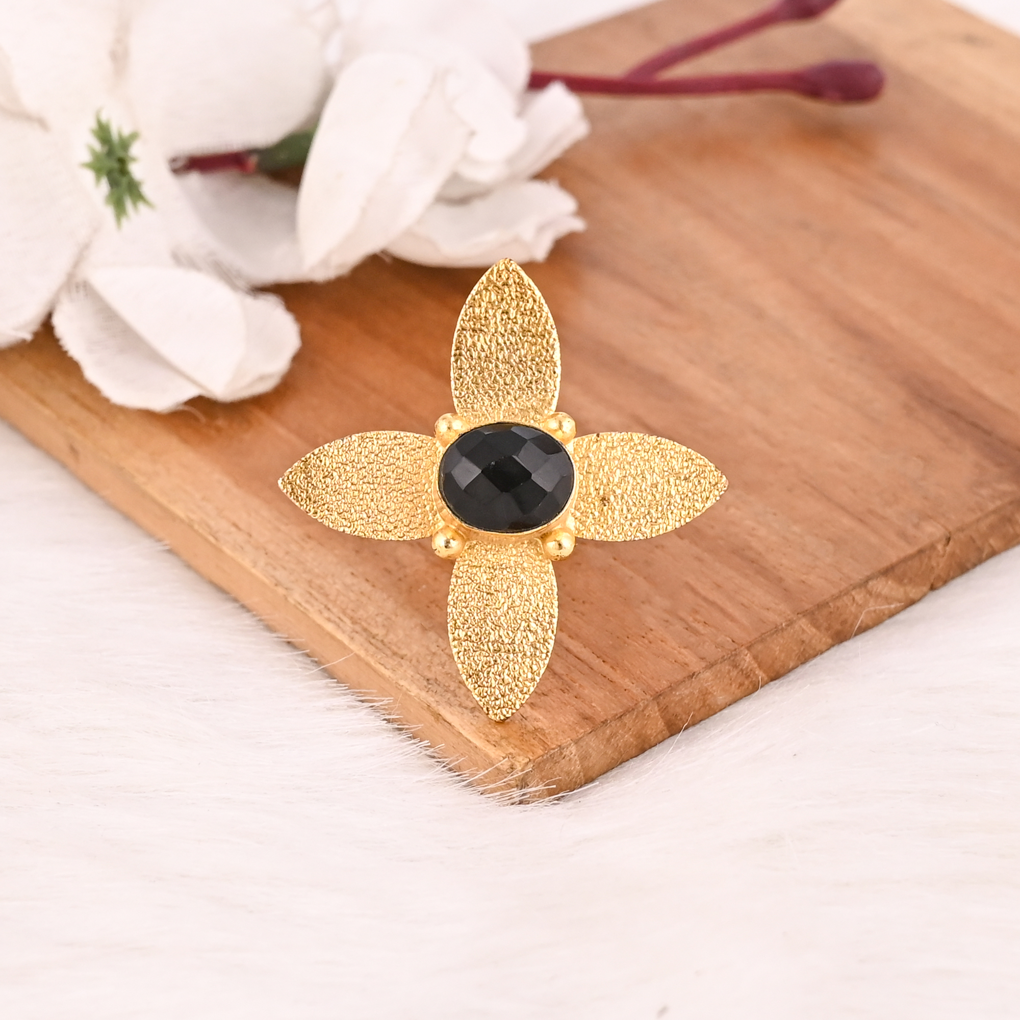 Adjustable Black Onyx Stone Brass Ring Handmade Fashion Jewelry for Women
