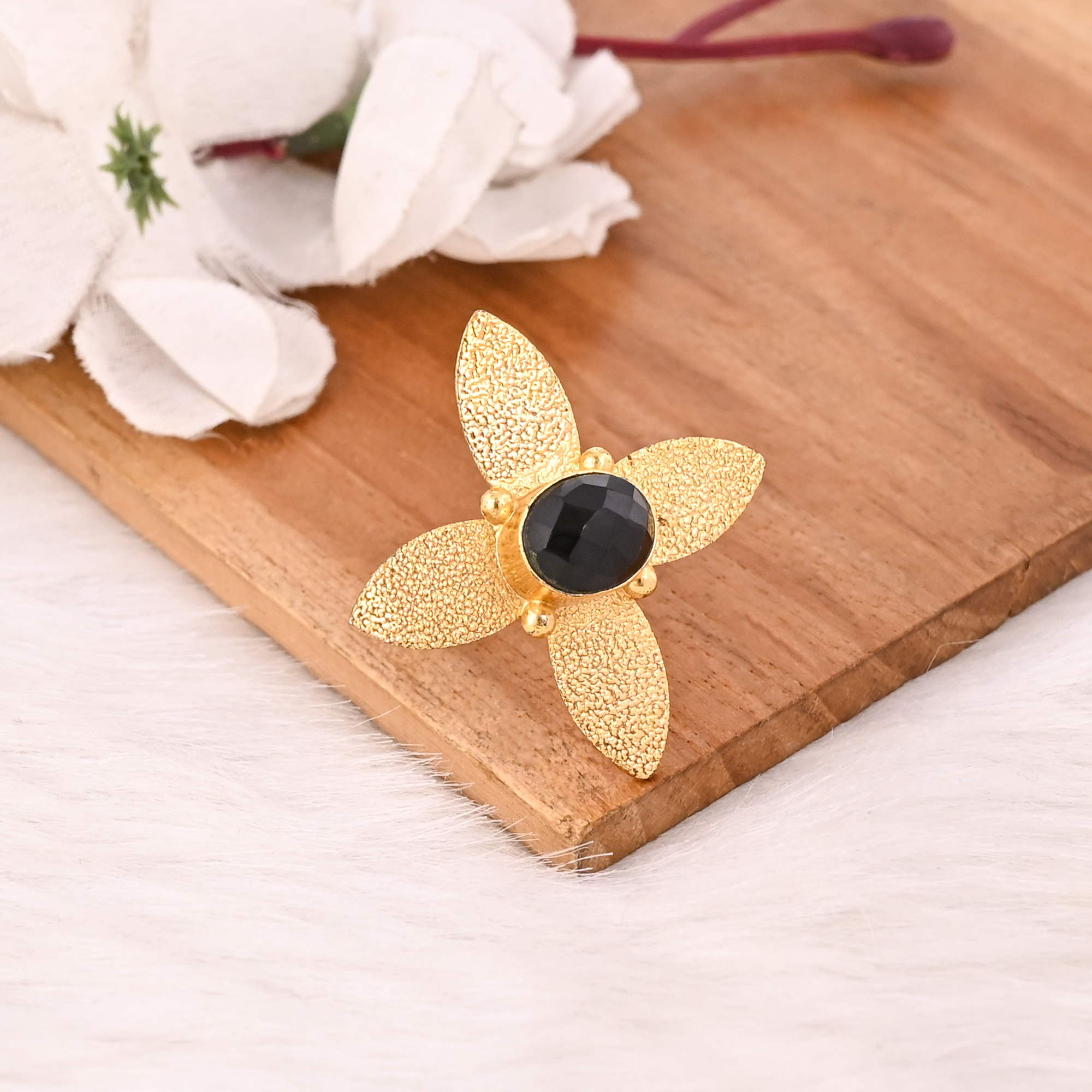 Adjustable Black Onyx Stone Brass Ring Handmade Fashion Jewelry for Women