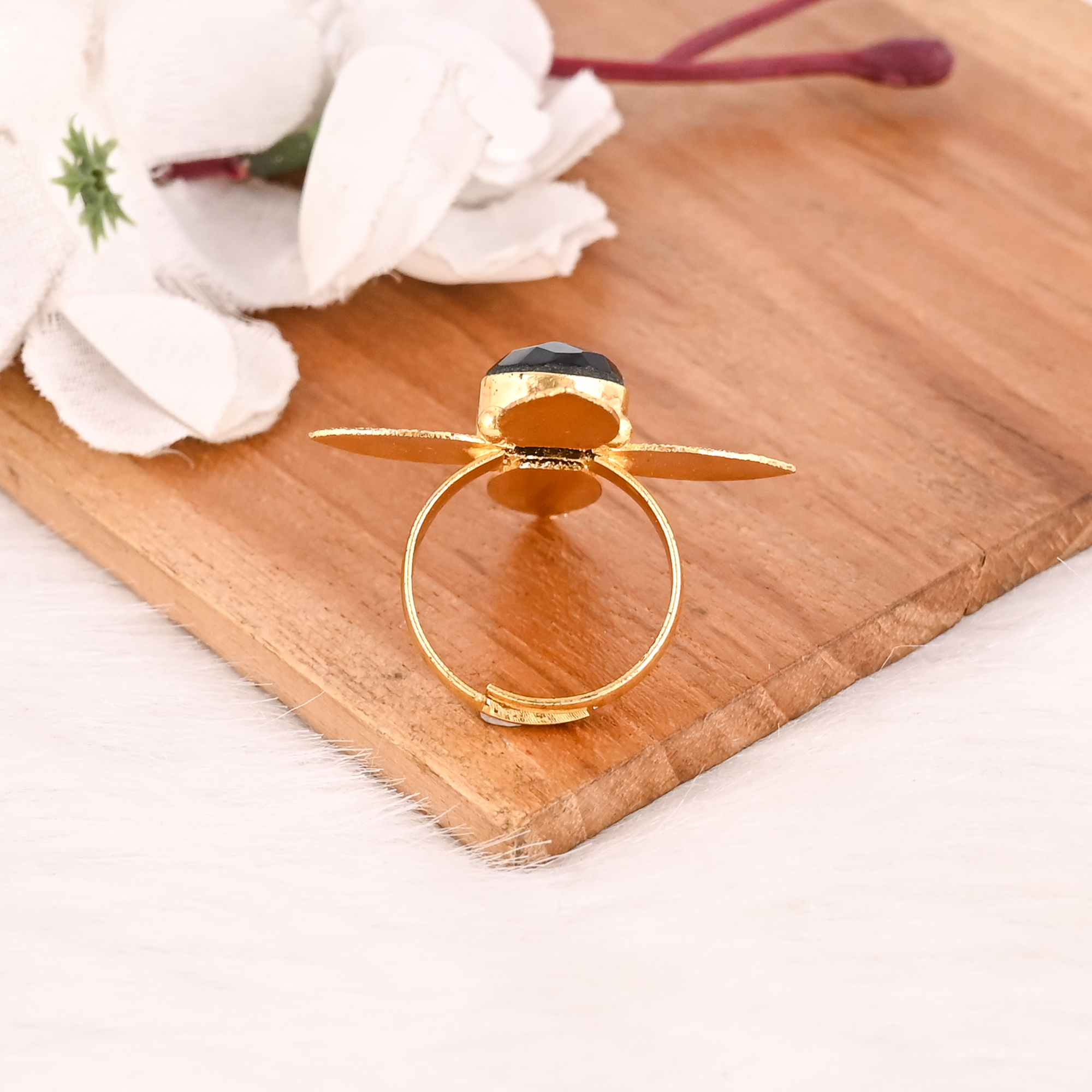 Adjustable Black Onyx Stone Brass Ring Handmade Fashion Jewelry for Women