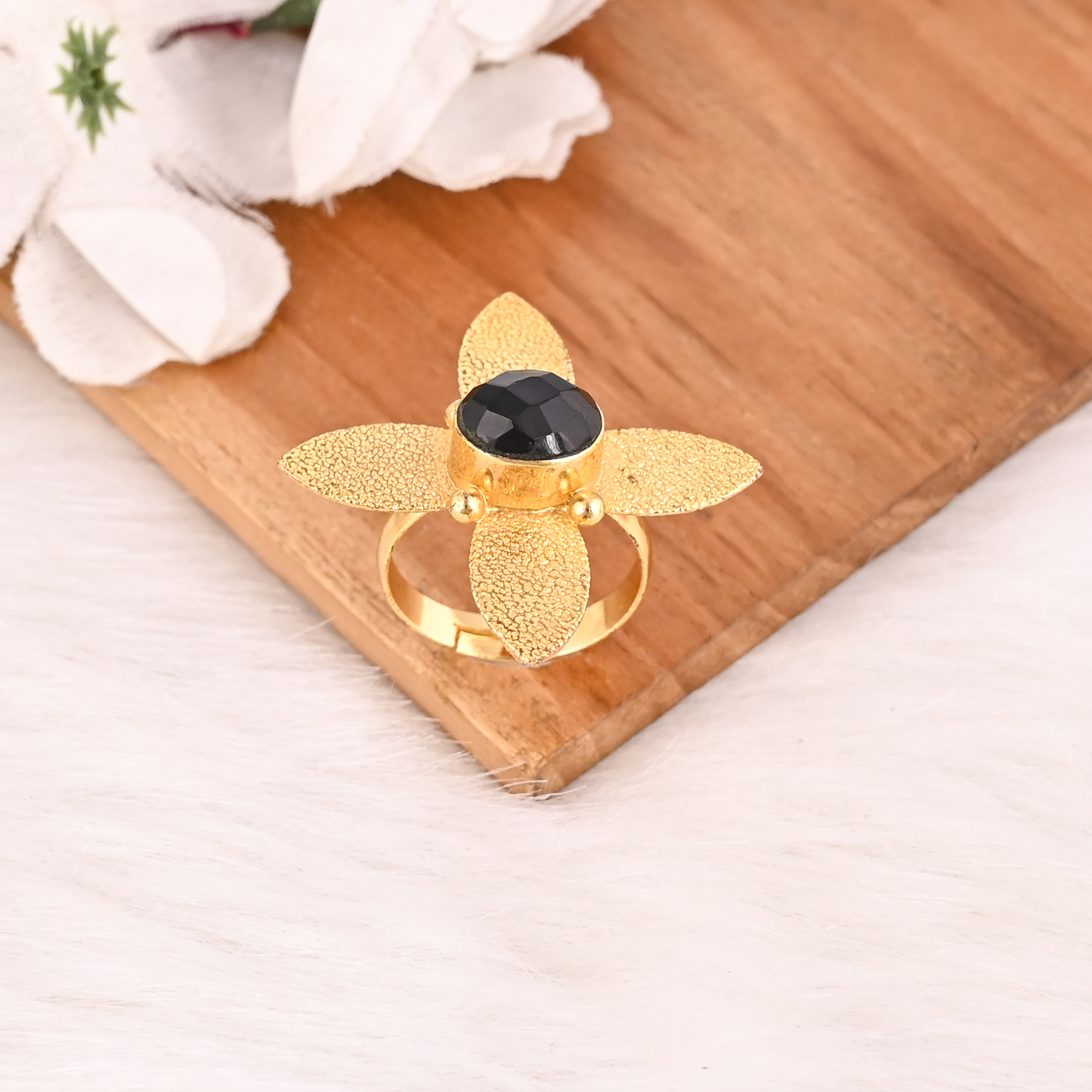 Adjustable Black Onyx Stone Brass Ring Handmade Fashion Jewelry for Women