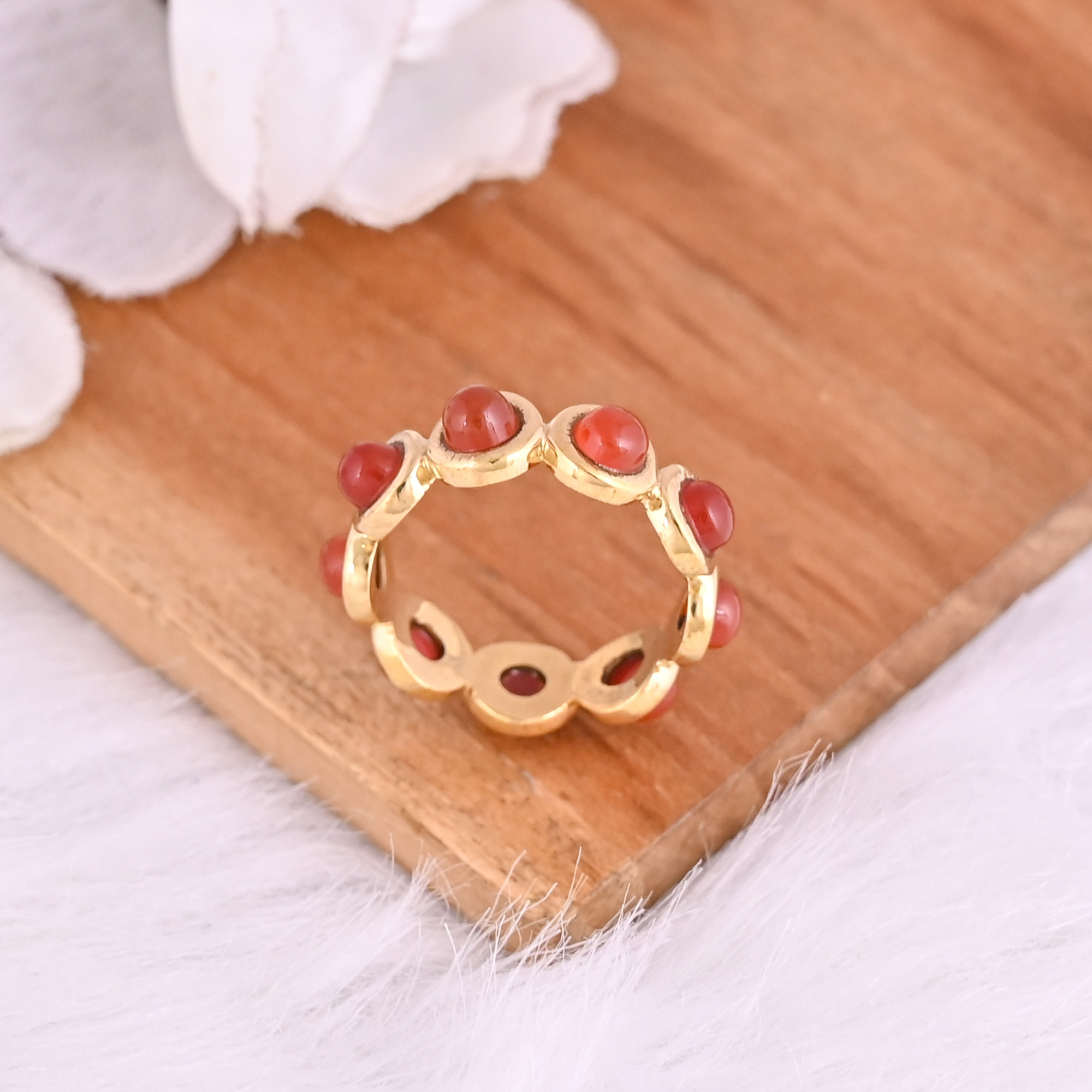 Natural Red Onyx Gemstone Eternity Ring 925 Sterling Silver Gold Plated