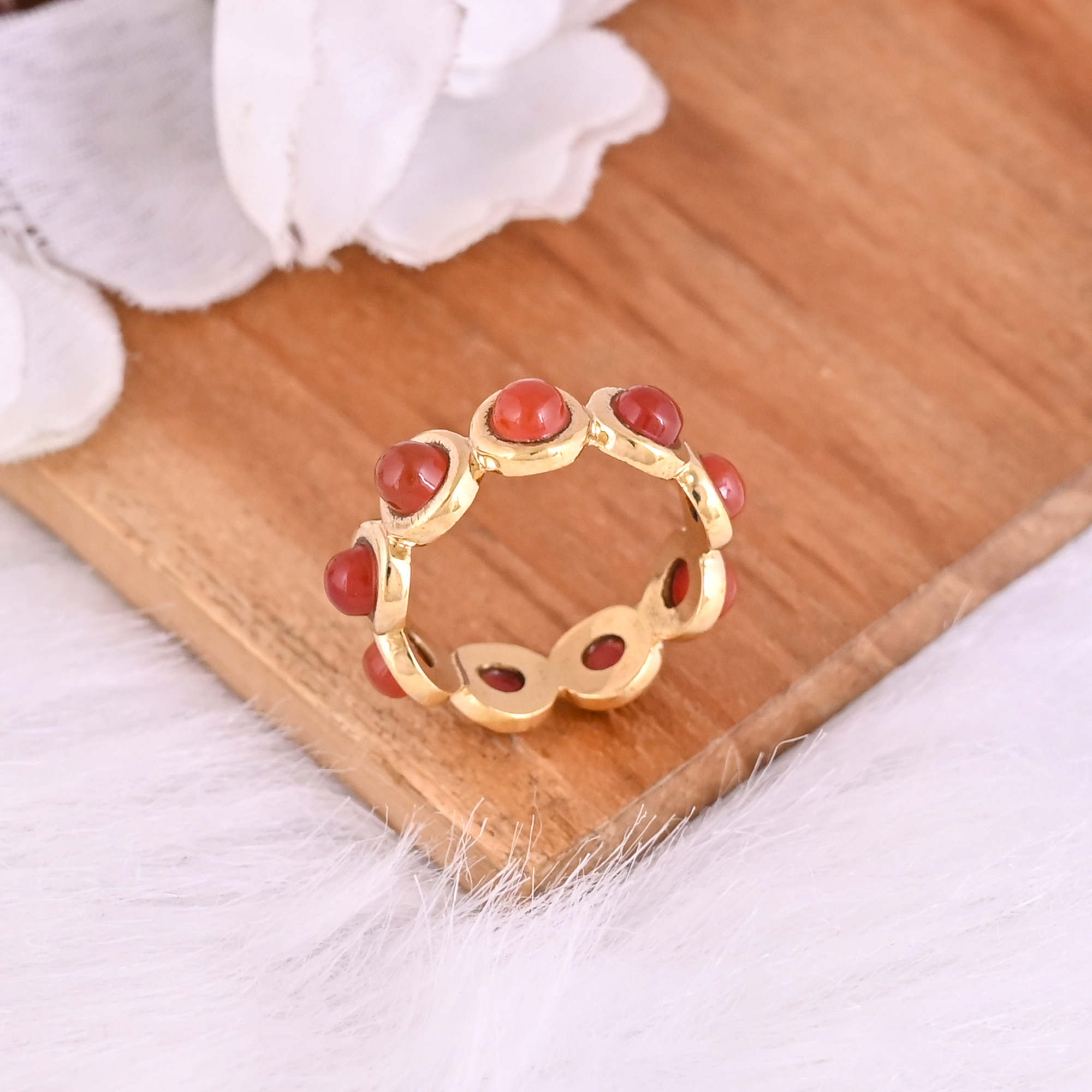 Natural Red Onyx Gemstone Eternity Ring  925 Sterling Silver Gold Plated