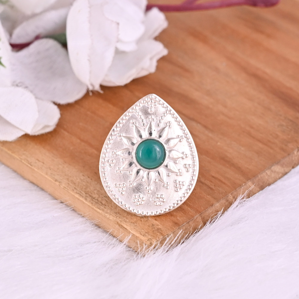 Image of Natural Green Onyx Gemstone Boho Ethnic Statement Ring | 925 Sterling Silver
