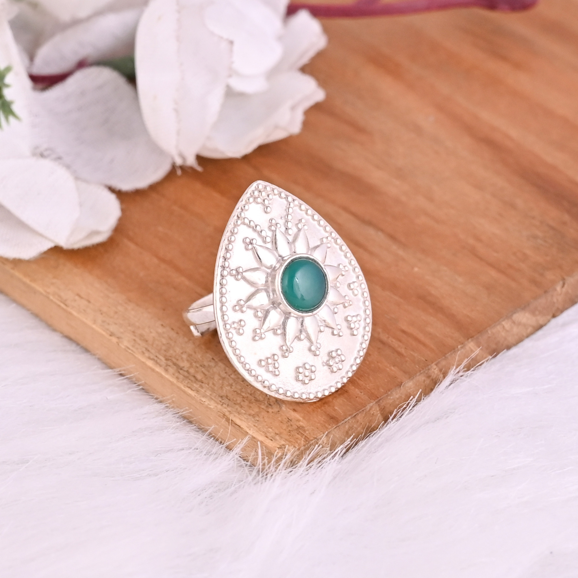 Natural Green Onyx Gemstone Boho Ethnic Statement Ring 925 Sterling Silver