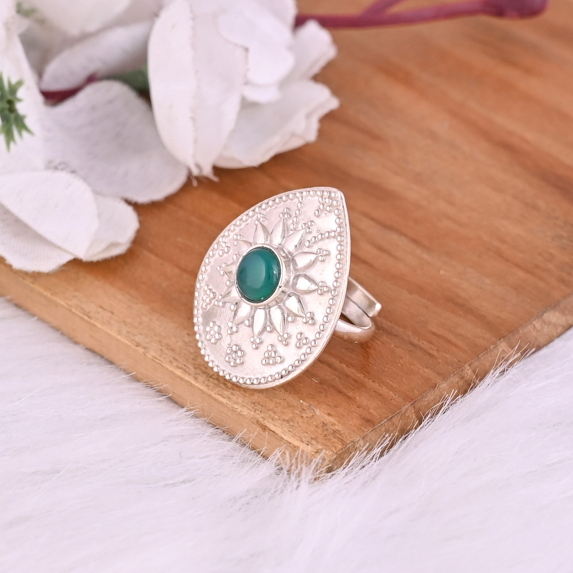 Natural Green Onyx Gemstone Boho Ethnic Statement Ring  925 Sterling Silver