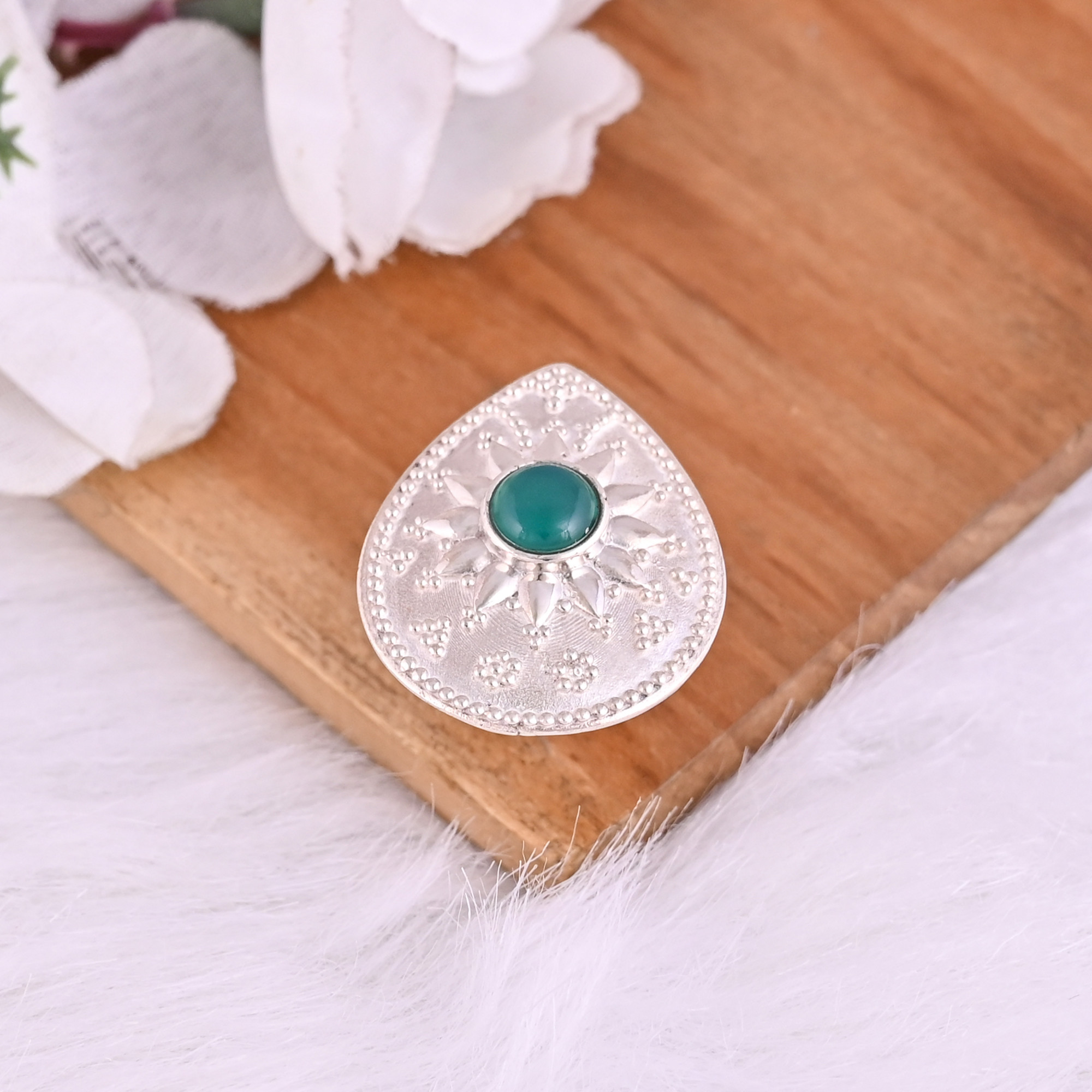 Natural Green Onyx Gemstone Boho Ethnic Statement Ring  925 Sterling Silver