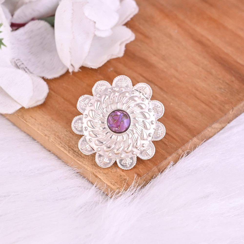 Image of Natural Purple Turquoise Gemstone Stylish Floral Ring | 925 Sterling Silver