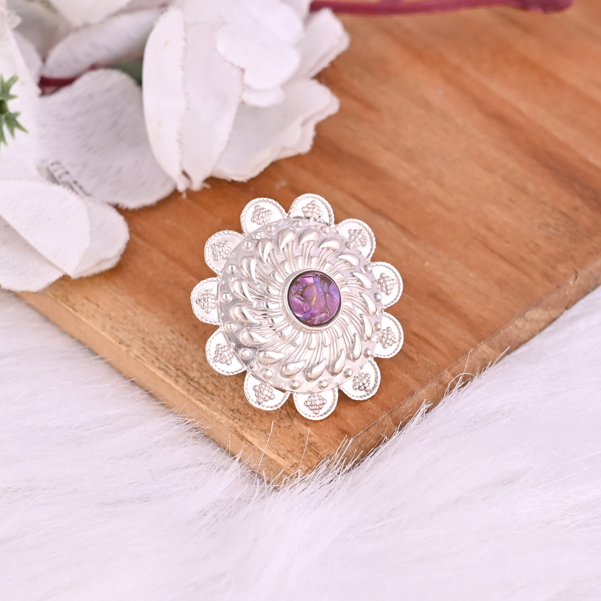 Natural Purple Turquoise Gemstone Stylish Floral Ring  925 Sterling Silver