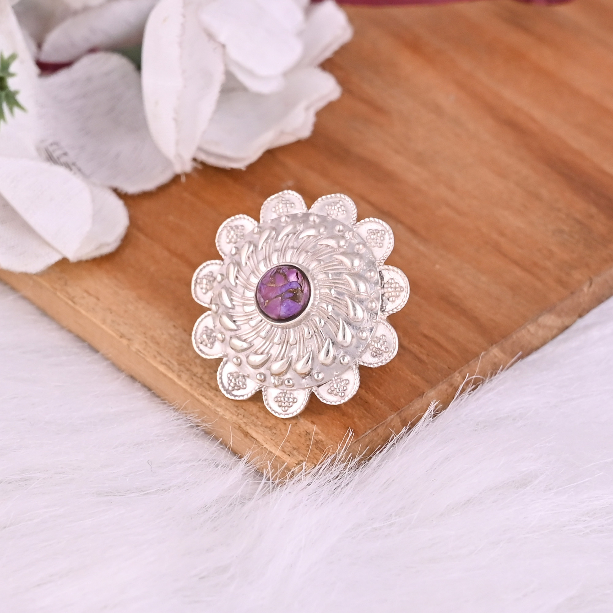 Natural Purple Turquoise Gemstone Stylish Floral Ring 925 Sterling Silver