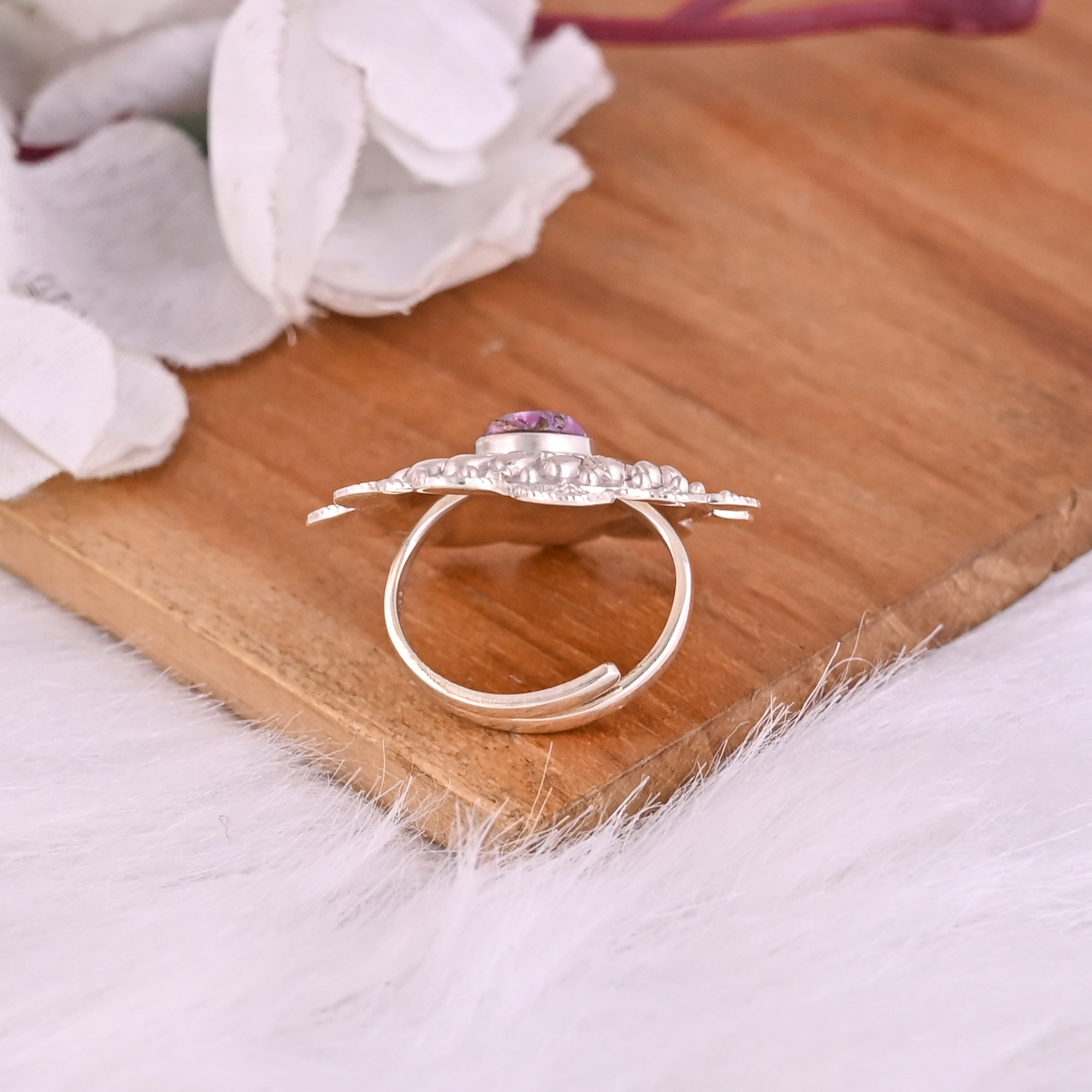 Natural Purple Turquoise Gemstone Stylish Floral Ring 925 Sterling Silver