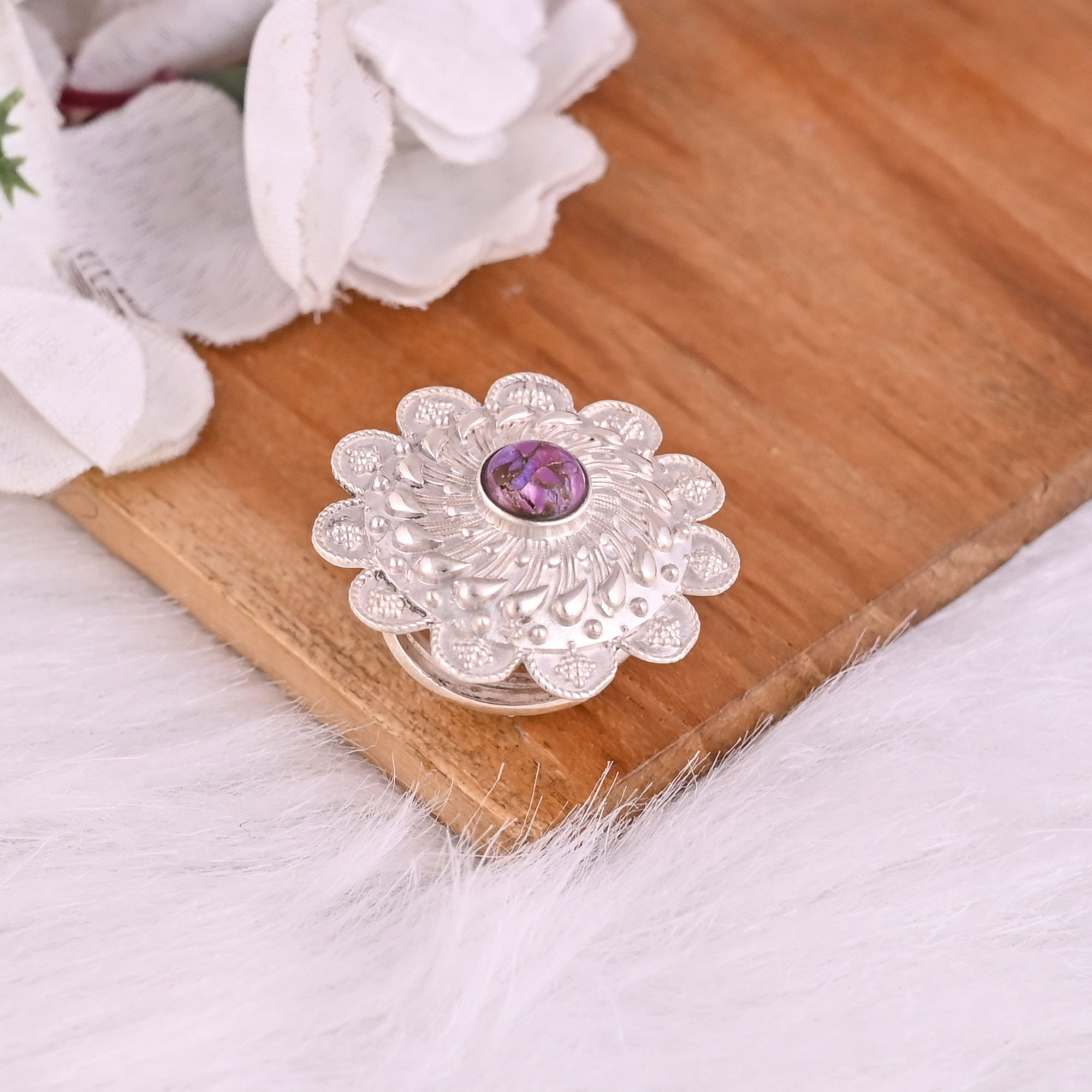 Natural Purple Turquoise Gemstone Stylish Floral Ring  925 Sterling Silver