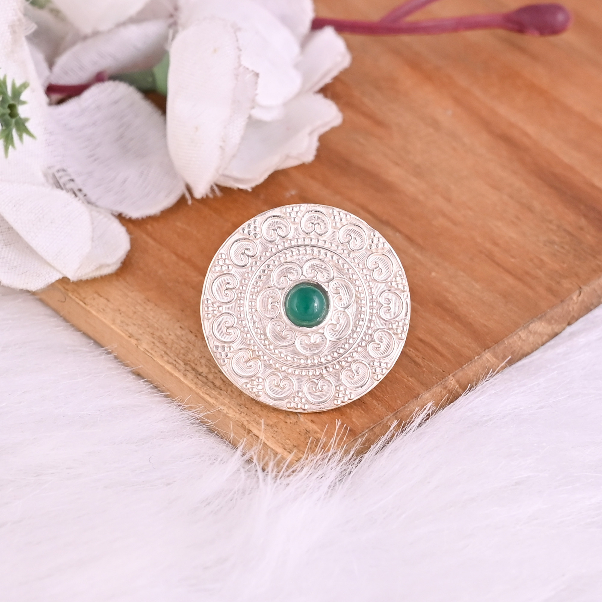 Natural Green Onyx Gemstone Statement Circular Ring 925 Sterling Silver
