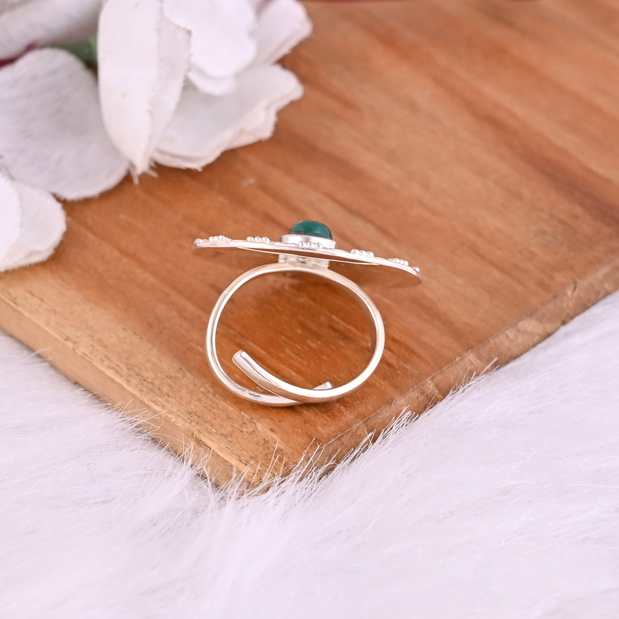 Natural Green Onyx Gemstone Statement Circular Ring 925 Sterling Silver