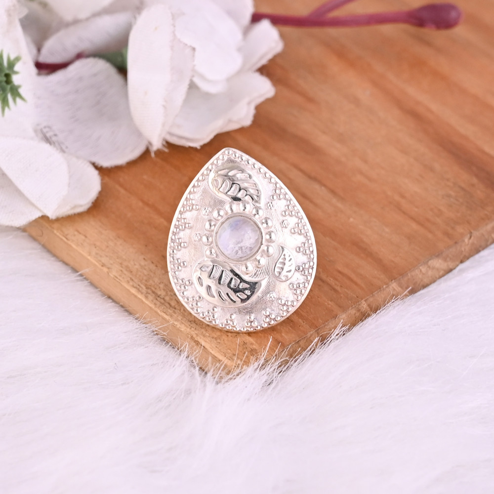 Image of Natural Rainbow Moon Stone Statement Pear Shape Ring | 925 Sterling Silver