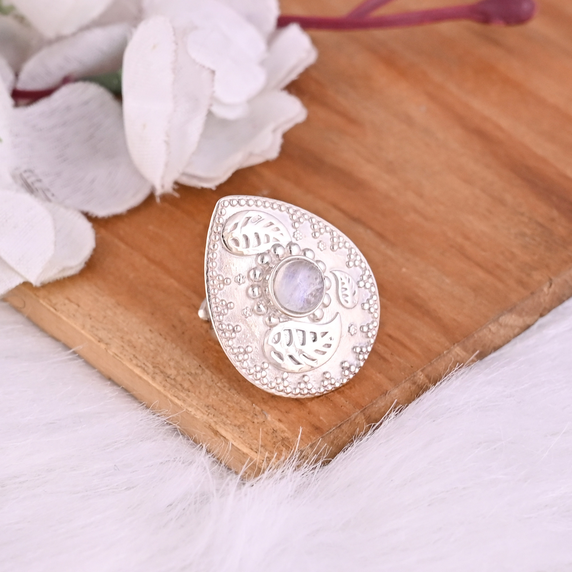 Natural Rainbow Moon Stone Statement Pear Shape Ring 925 Sterling Silver