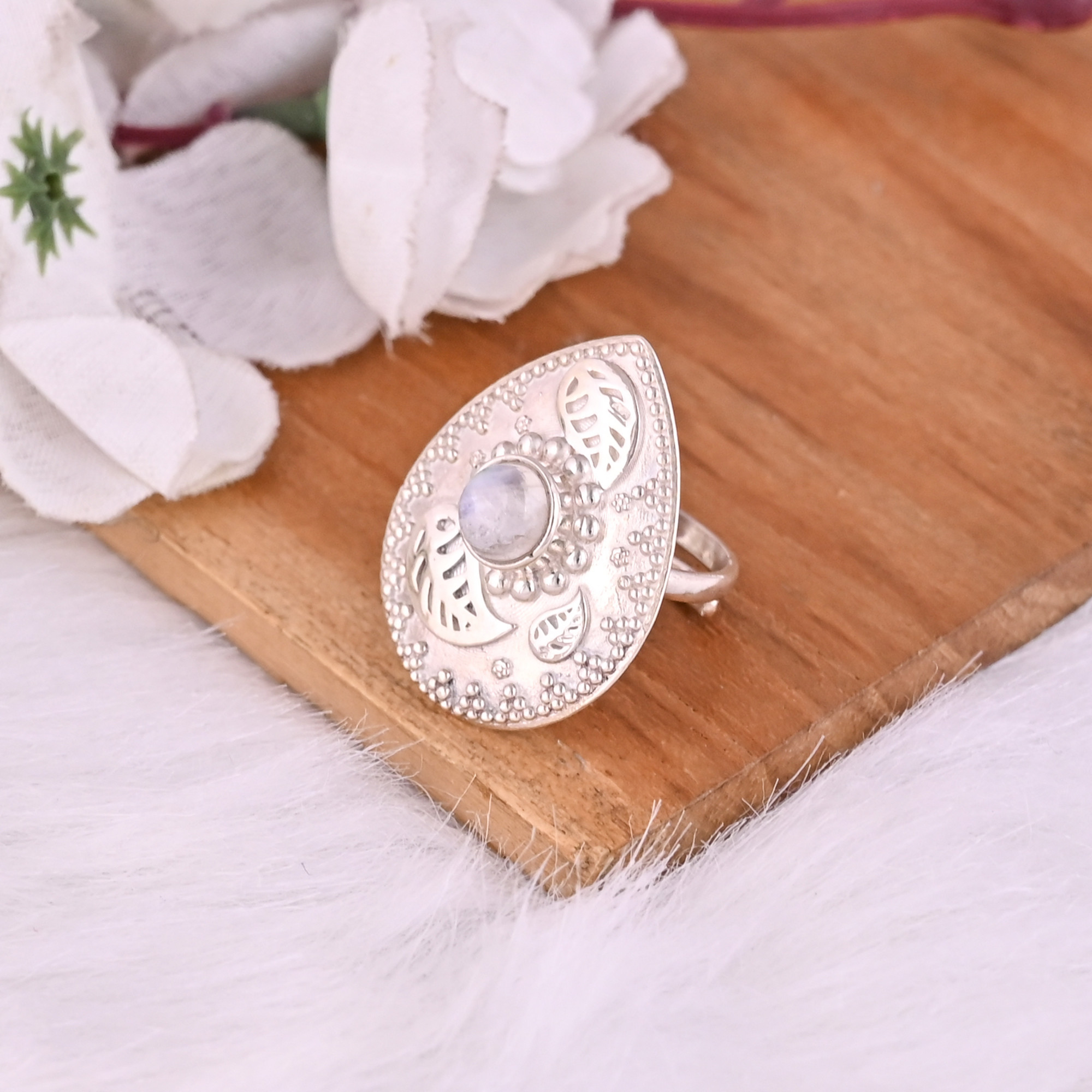 Natural Rainbow Moon Stone Statement Pear Shape Ring 925 Sterling Silver
