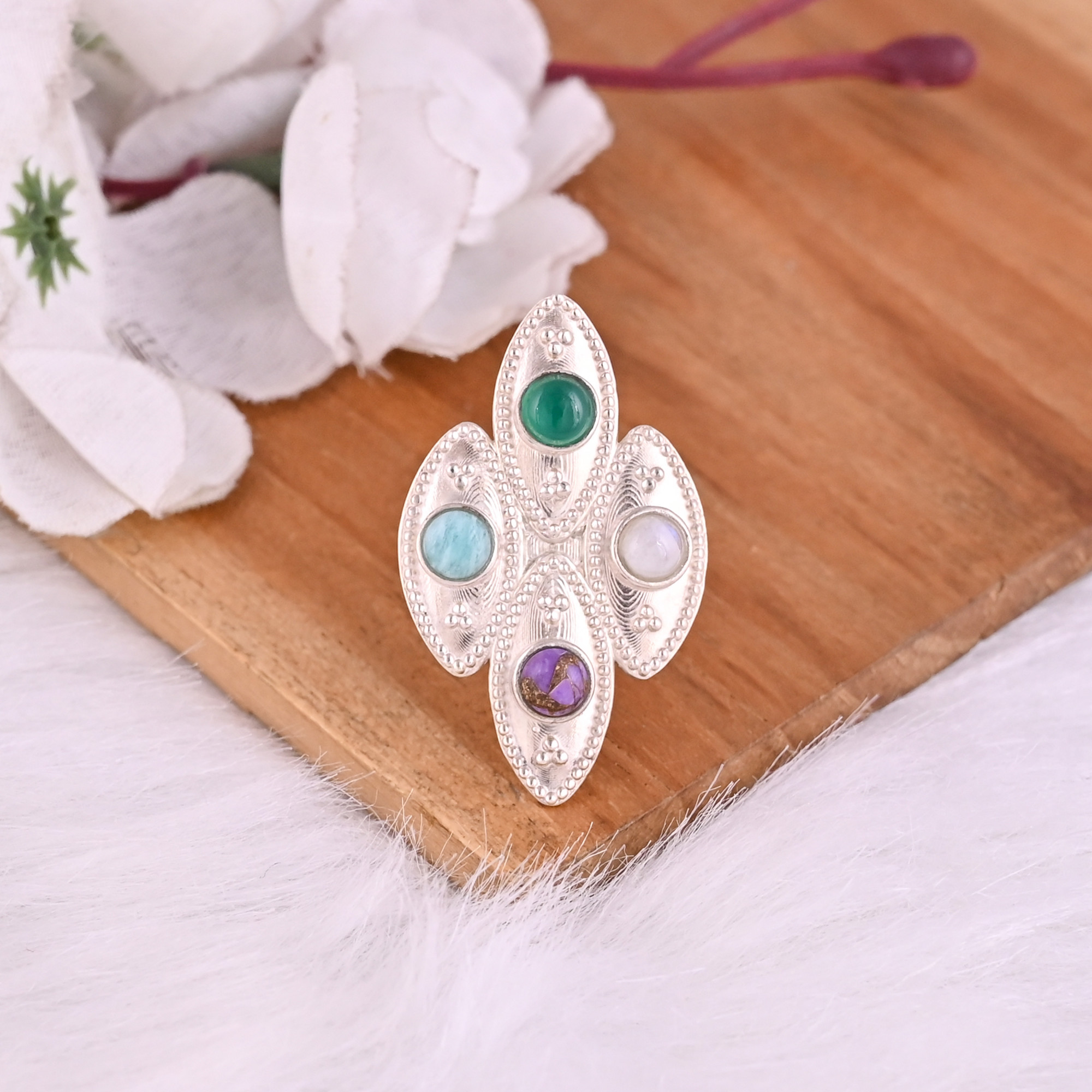 Natural Purple Turquoise Rainbow Moonstone Amazonite Green Onyx Gemstone  Ring  925 Sterling Silver