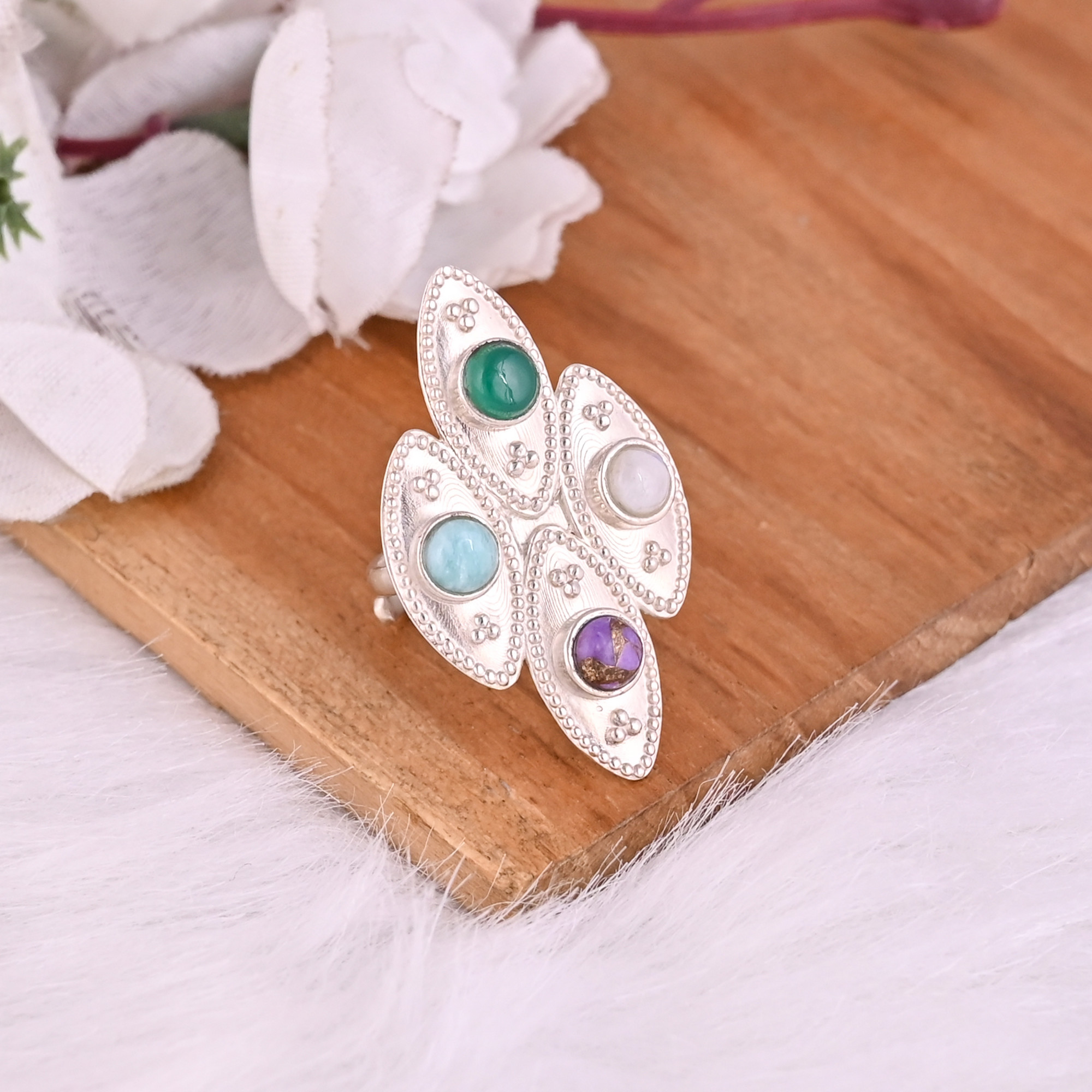 Natural Purple Turquoise Rainbow Moonstone Amazonite Green Onyx Gemstone  Ring  925 Sterling Silver