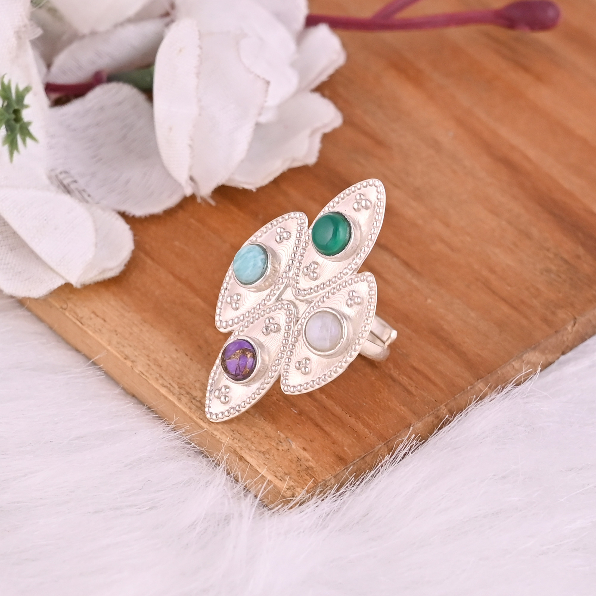 Natural Purple Turquoise Rainbow Moonstone Amazonite Green Onyx Gemstone Ring 925 Sterling Silver