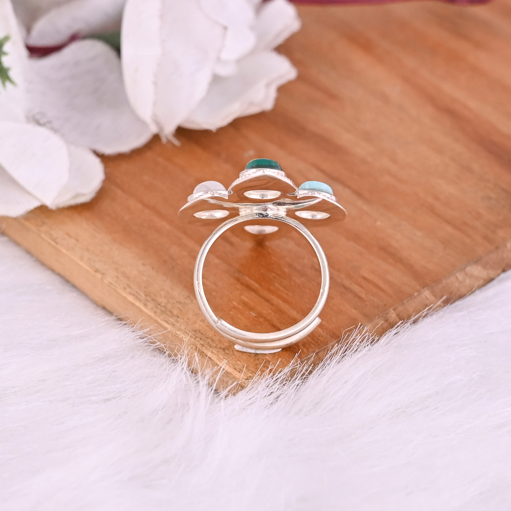 Natural Purple Turquoise Rainbow Moonstone Amazonite Green Onyx Gemstone Ring 925 Sterling Silver