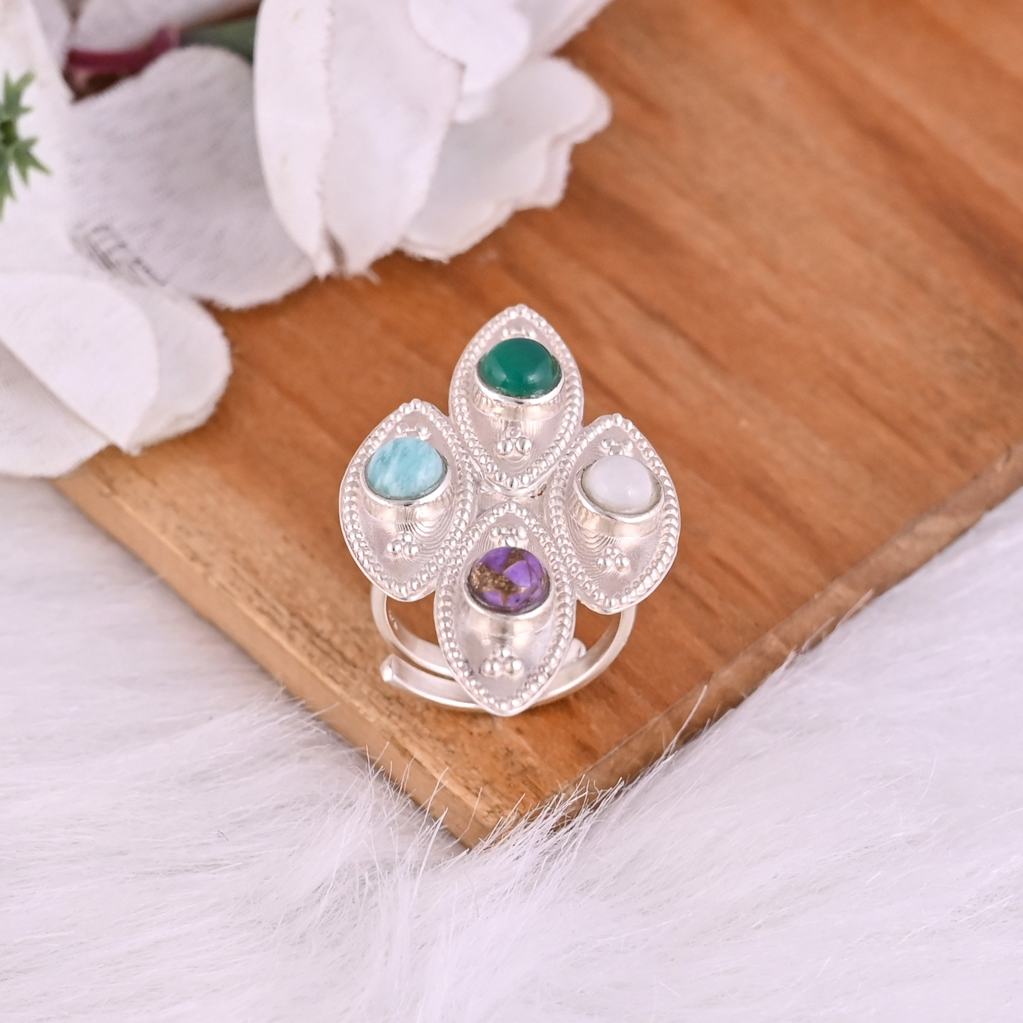 Natural Purple Turquoise Rainbow Moonstone Amazonite Green Onyx Gemstone  Ring  925 Sterling Silver