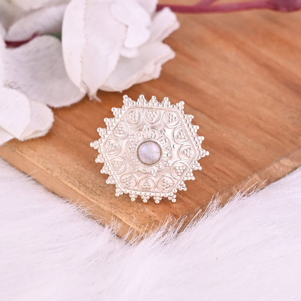 Image of Natural Rainbow Moon Stone Statement Floral Ring | 925 Sterling Silver