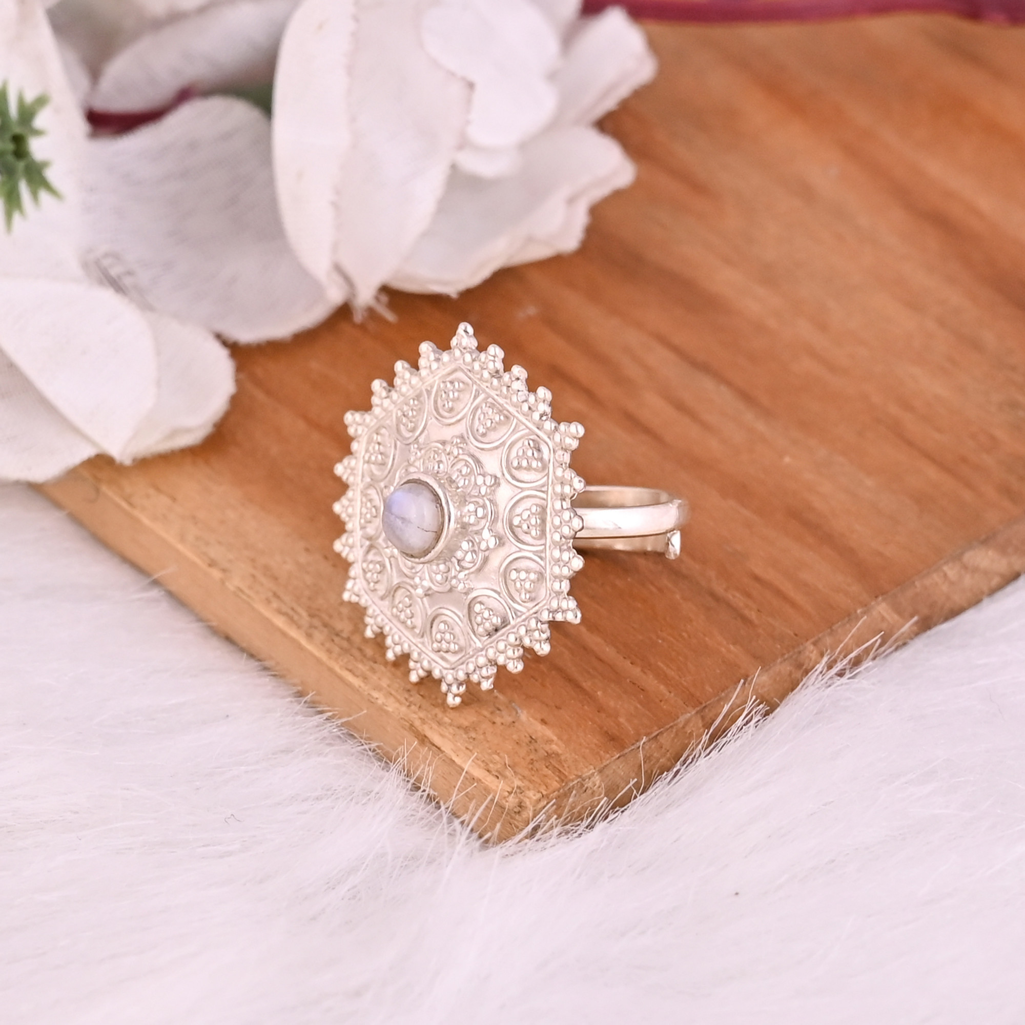 Natural Rainbow Moon Stone Statement Floral Ring 925 Sterling Silver