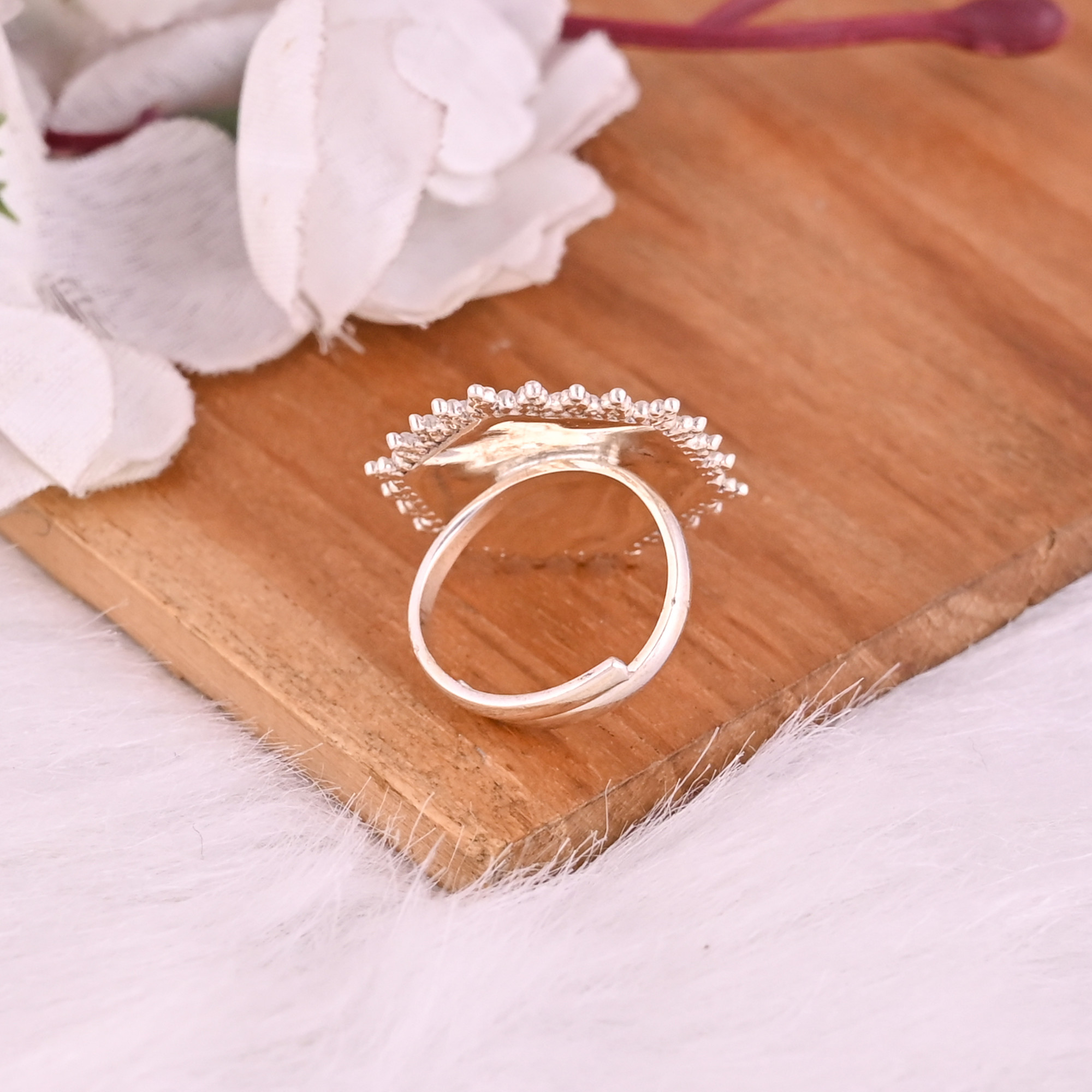 Natural Rainbow Moon Stone Statement Floral Ring  925 Sterling Silver