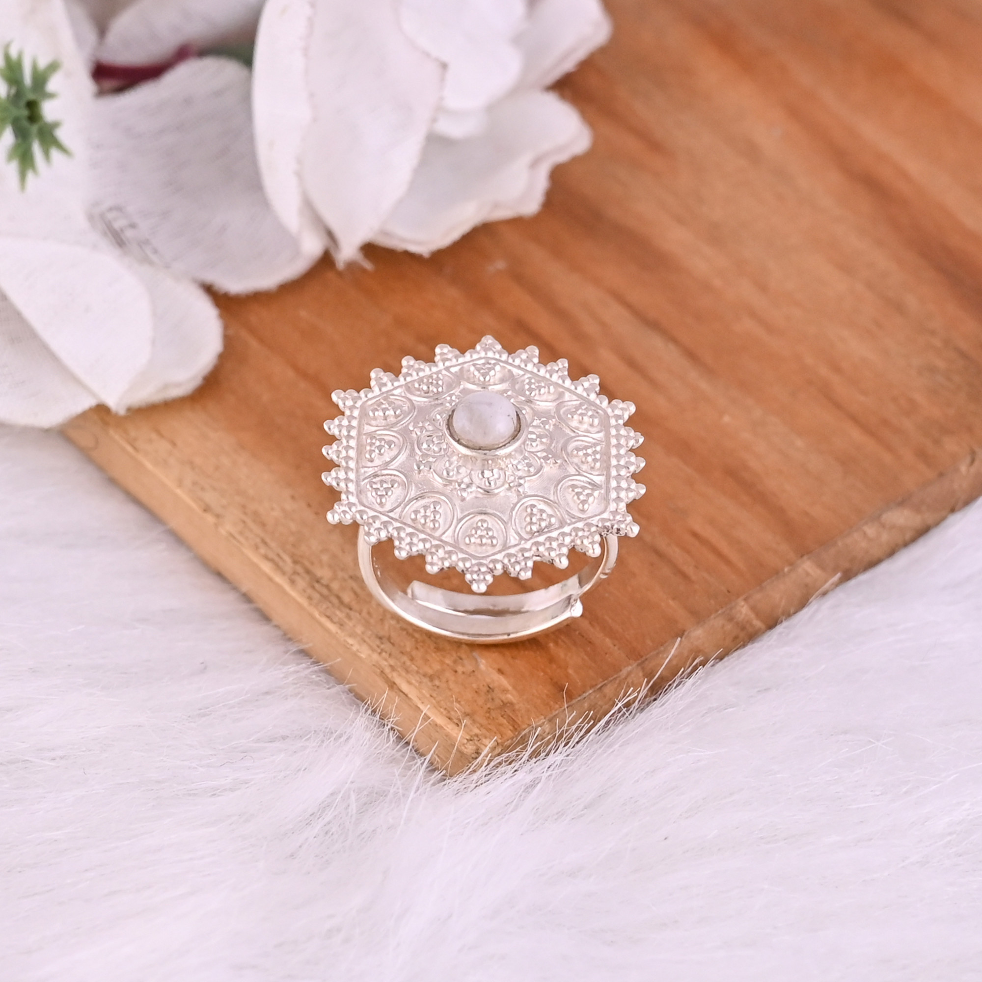 Natural Rainbow Moon Stone Statement Floral Ring 925 Sterling Silver