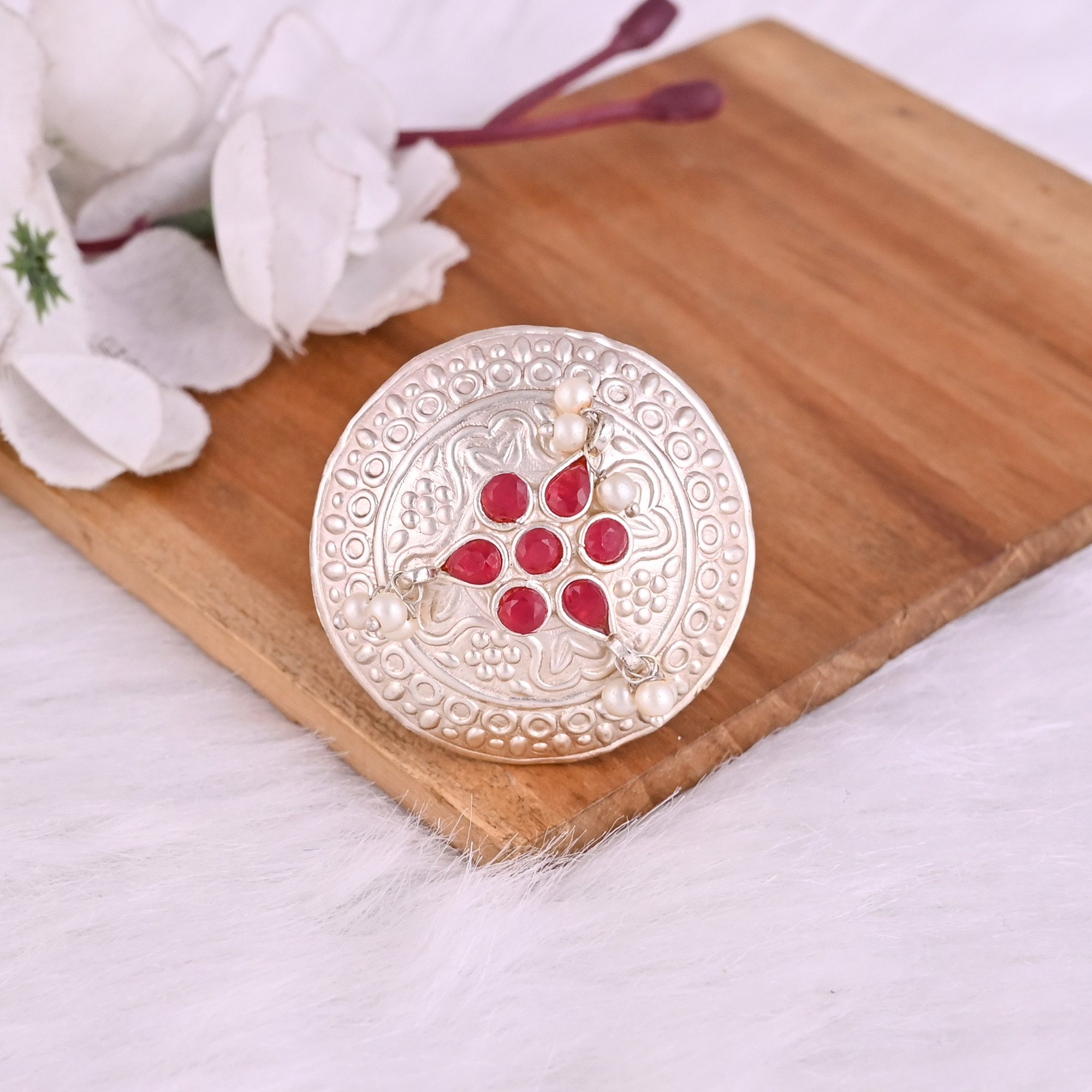 Red Hydro   Pearl Gemstone Floral Design Boho Adjustable Big Ring