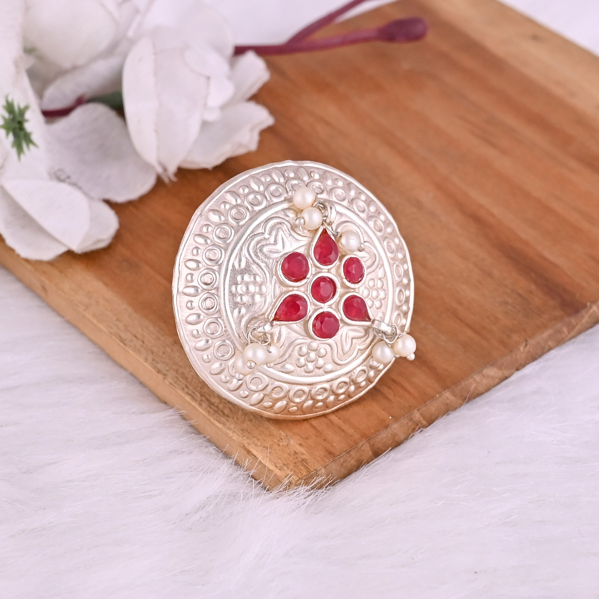 Red Hydro Pearl Gemstone Floral Design Boho Adjustable Big Ring
