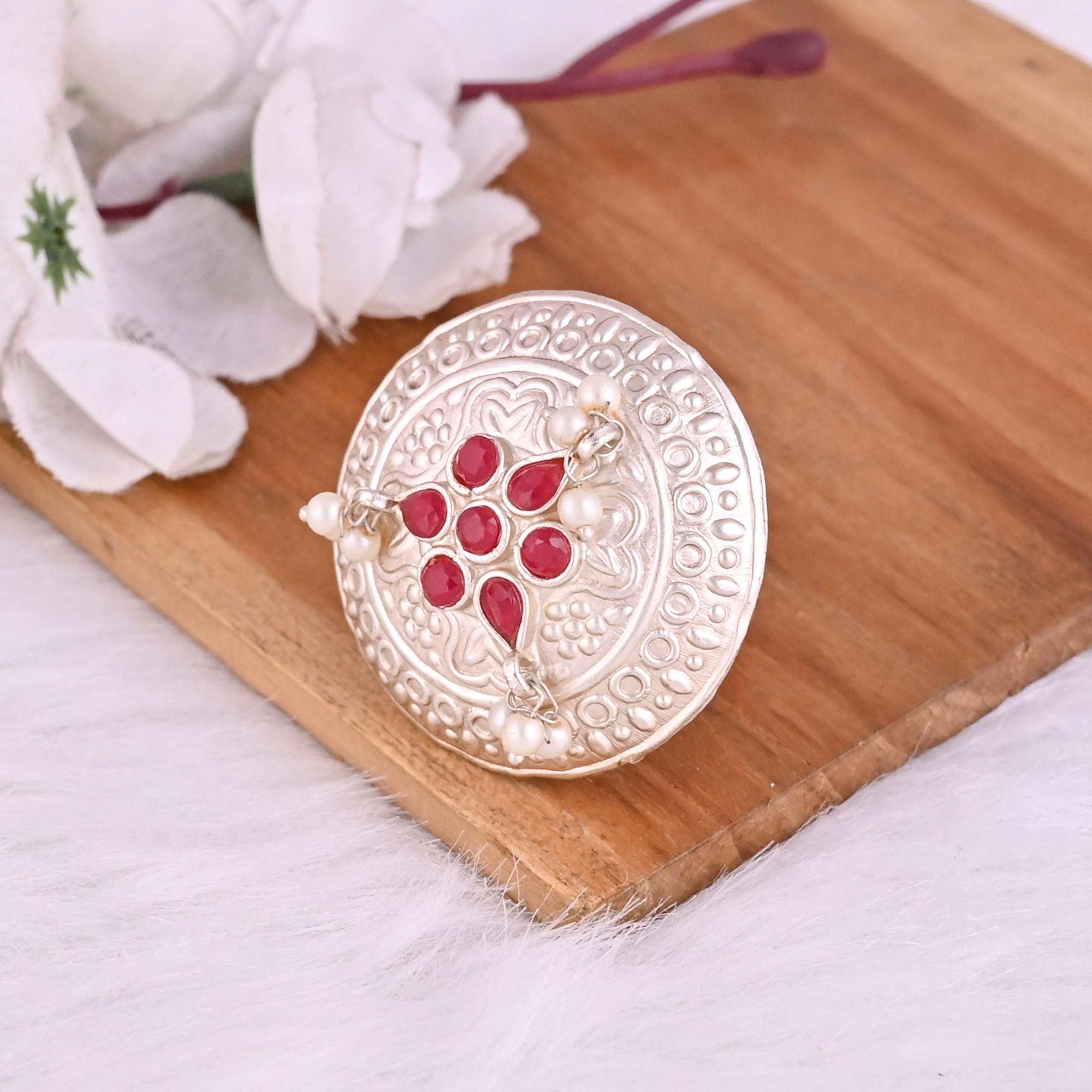 Red Hydro Pearl Gemstone Floral Design Boho Adjustable Big Ring