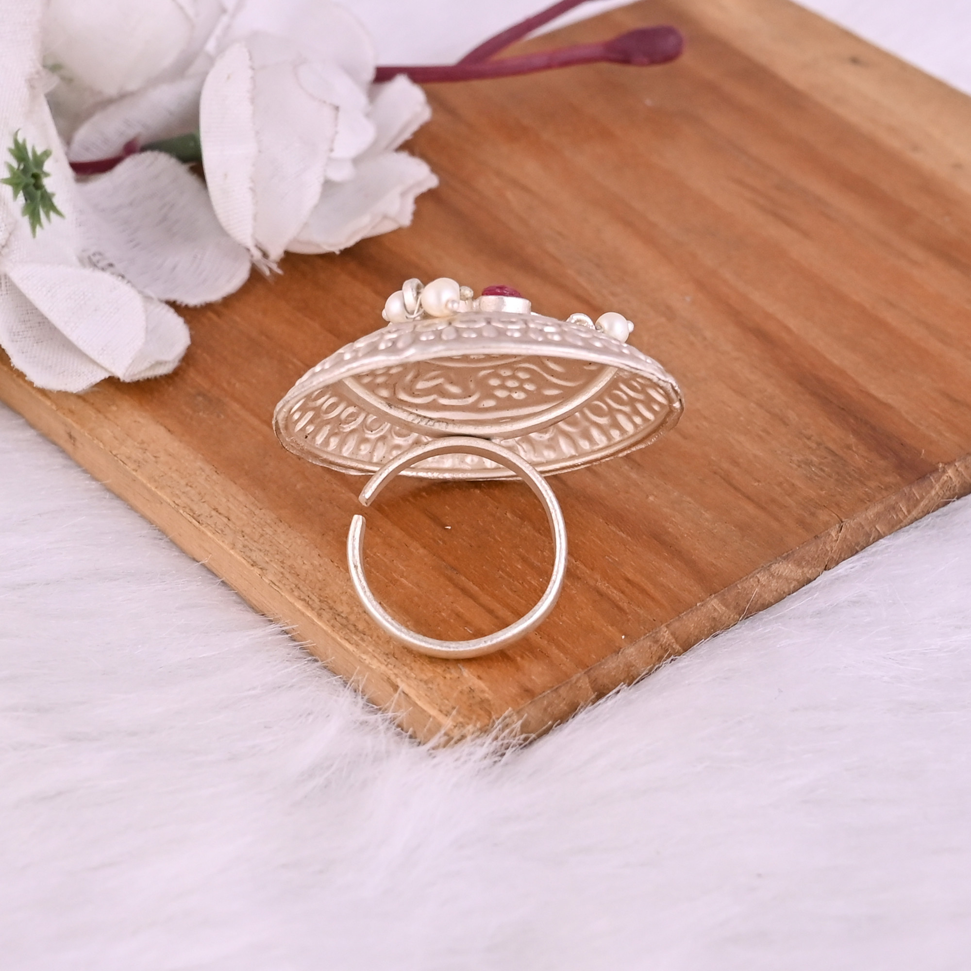 Red Hydro   Pearl Gemstone Floral Design Boho Adjustable Big Ring
