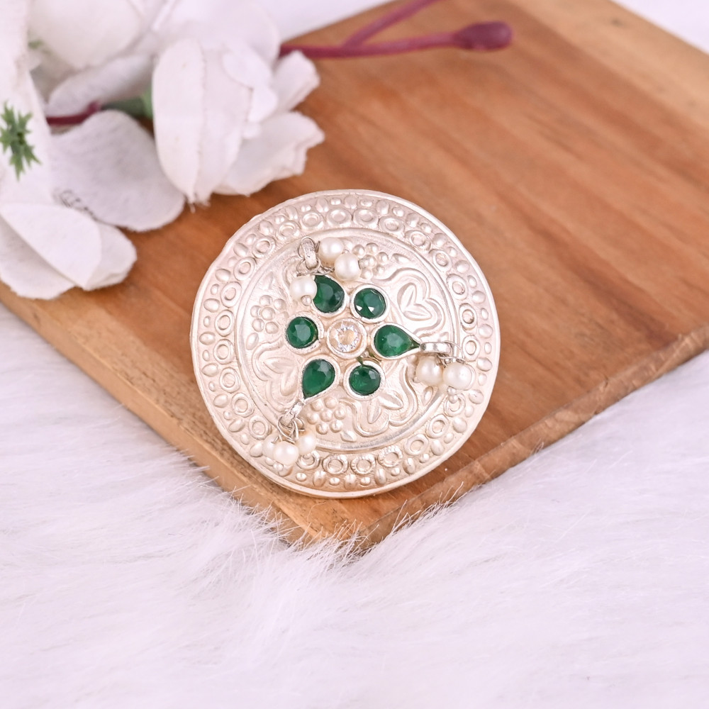 Image of Green Hydro &amp; Pearl Gemstone Floral Design Boho Adjustable Big Ring