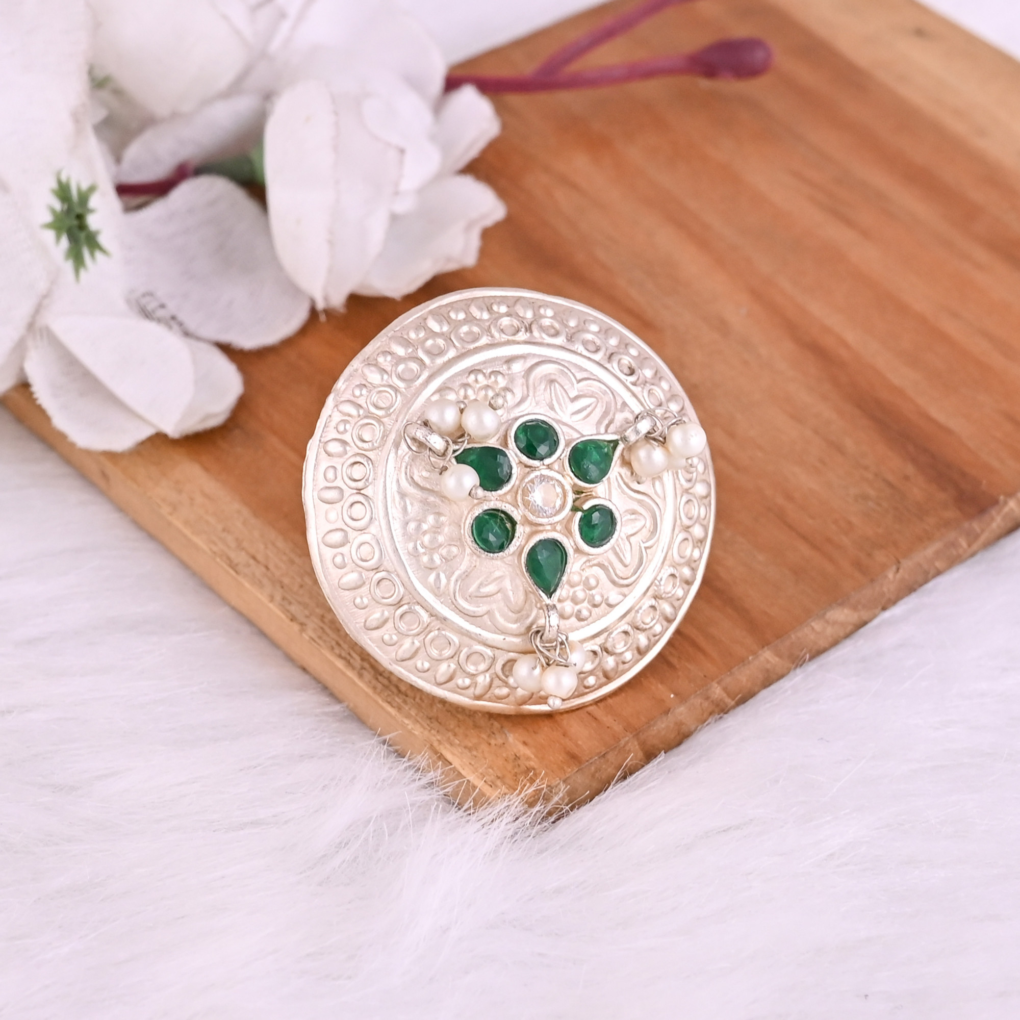 Green Hydro  Pearl Gemstone Floral Design Boho Adjustable Big Ring