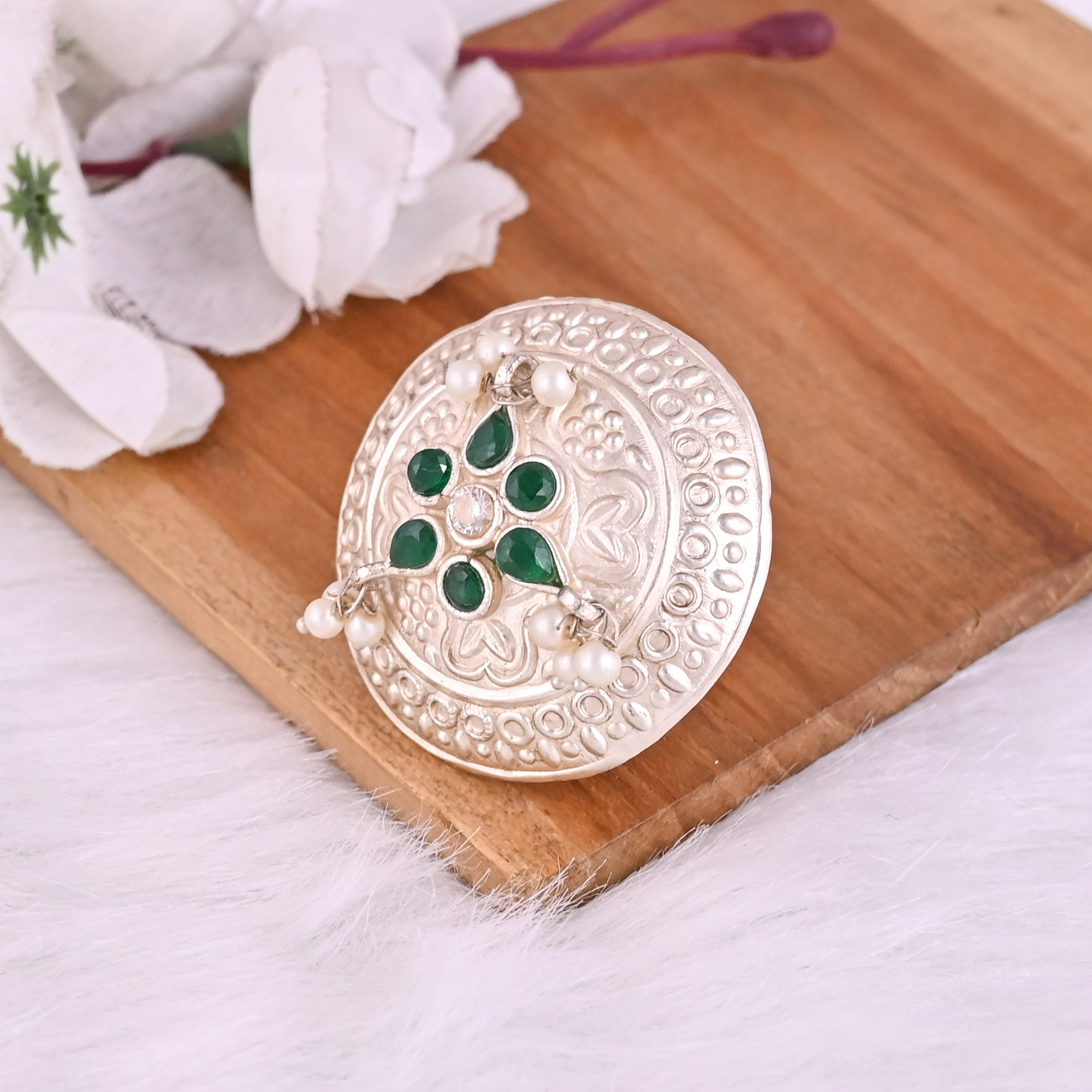 Green Hydro Pearl Gemstone Floral Design Boho Adjustable Big Ring