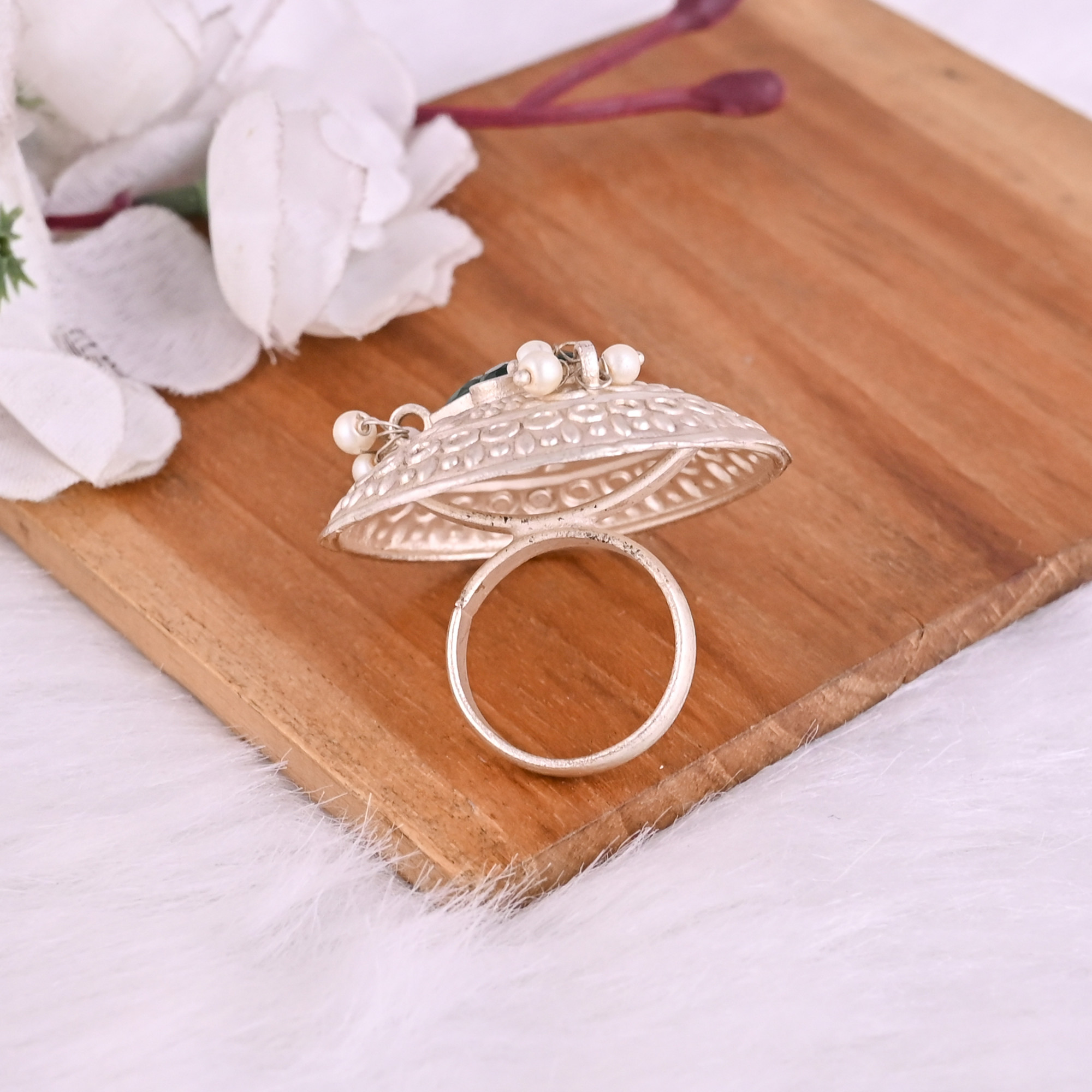 Green Hydro  Pearl Gemstone Floral Design Boho Adjustable Big Ring