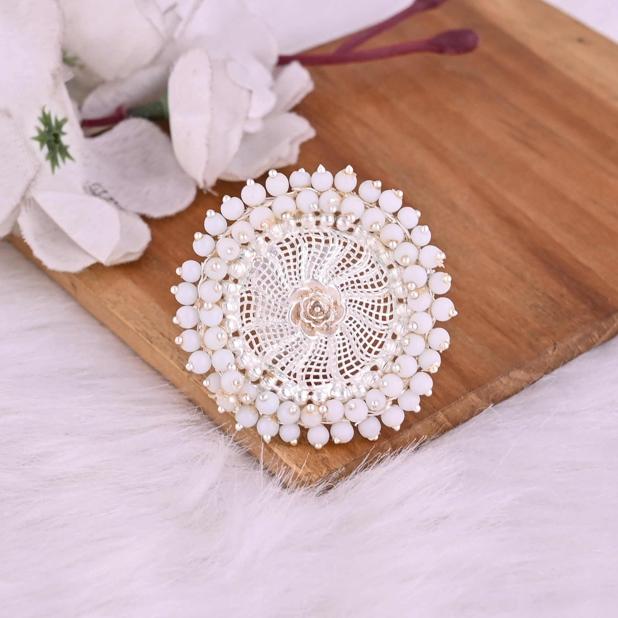 Pearl Gemstone Floral Design Boho Adjustable Big Ring